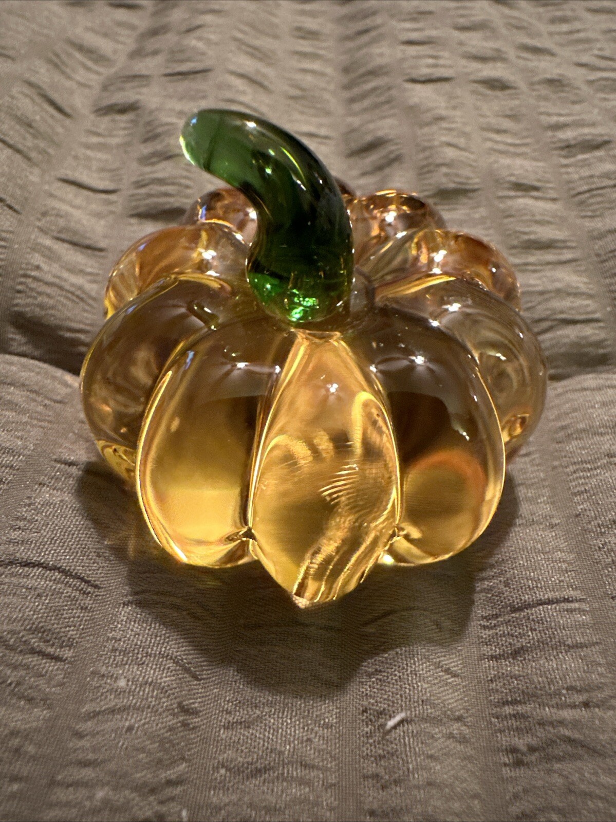 Orange Crafted Glass Pumpkin Figurine With Green Stem In Size 6”x2”x2”