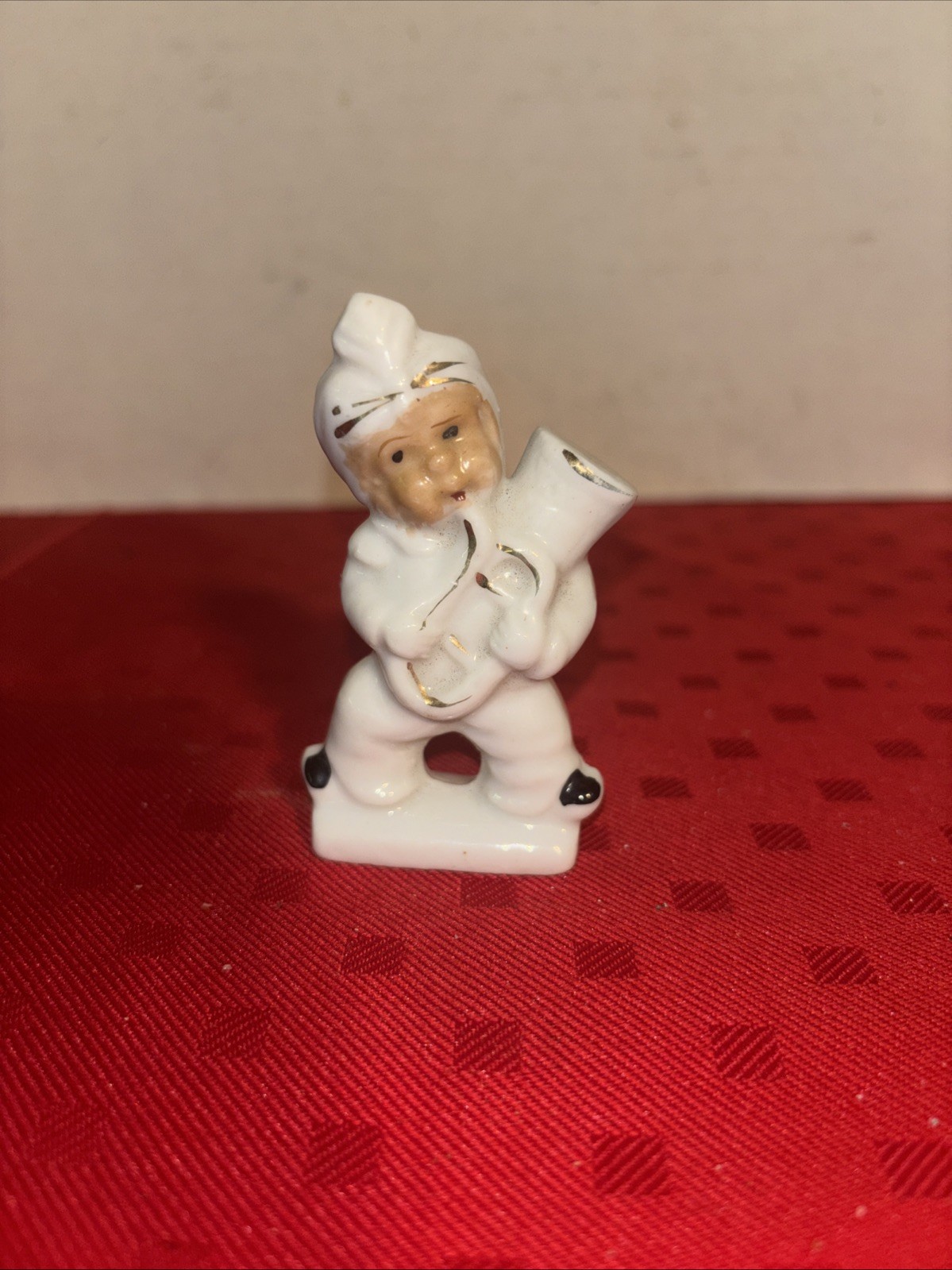 Vintage Japan Ceramic Figurines Boy Playing Instruments White w/ Gold Accents