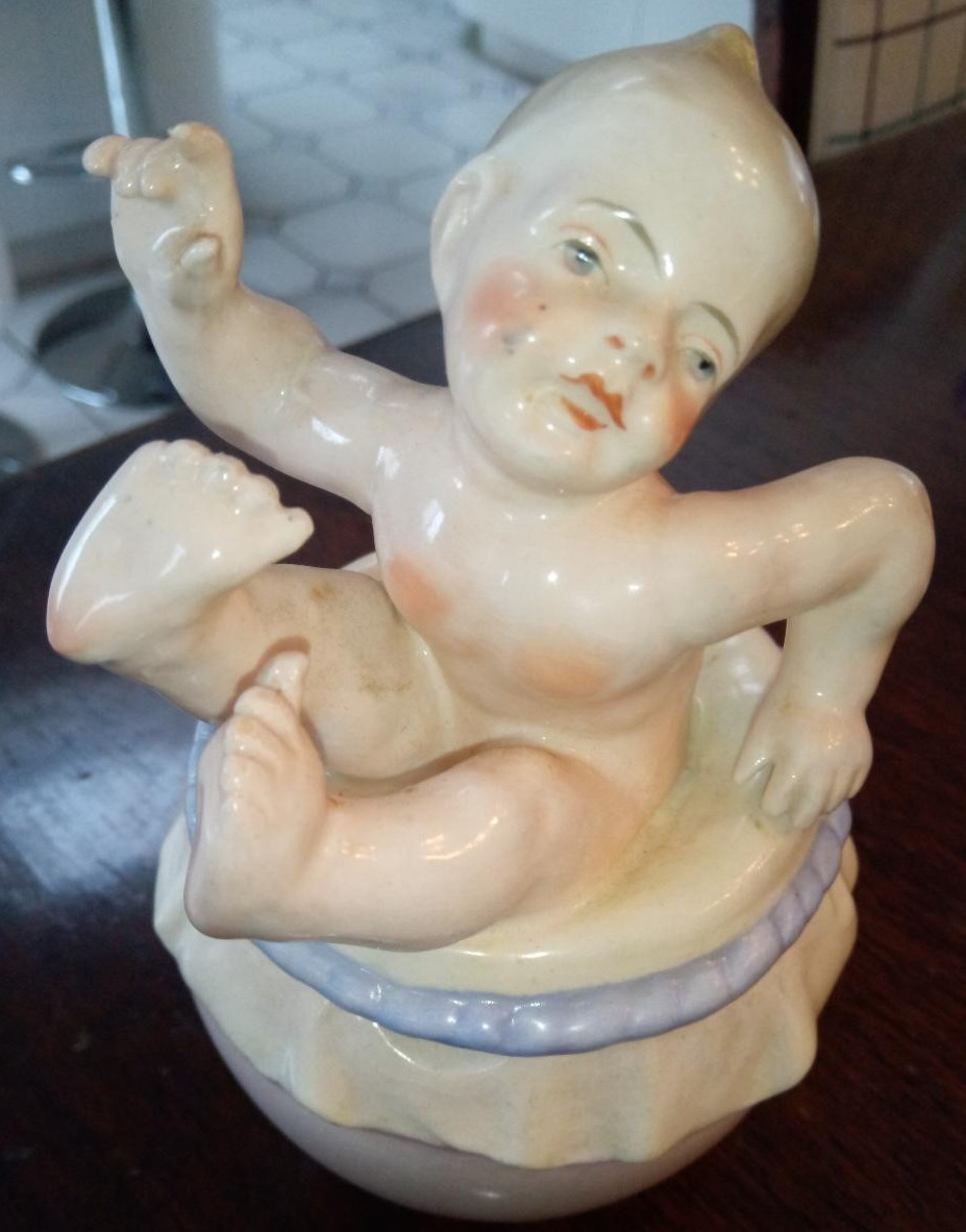 Rare 1900s German Porcelain Figural Baby Marmalade Jam/mus.Pot-Manner Of Heubach
