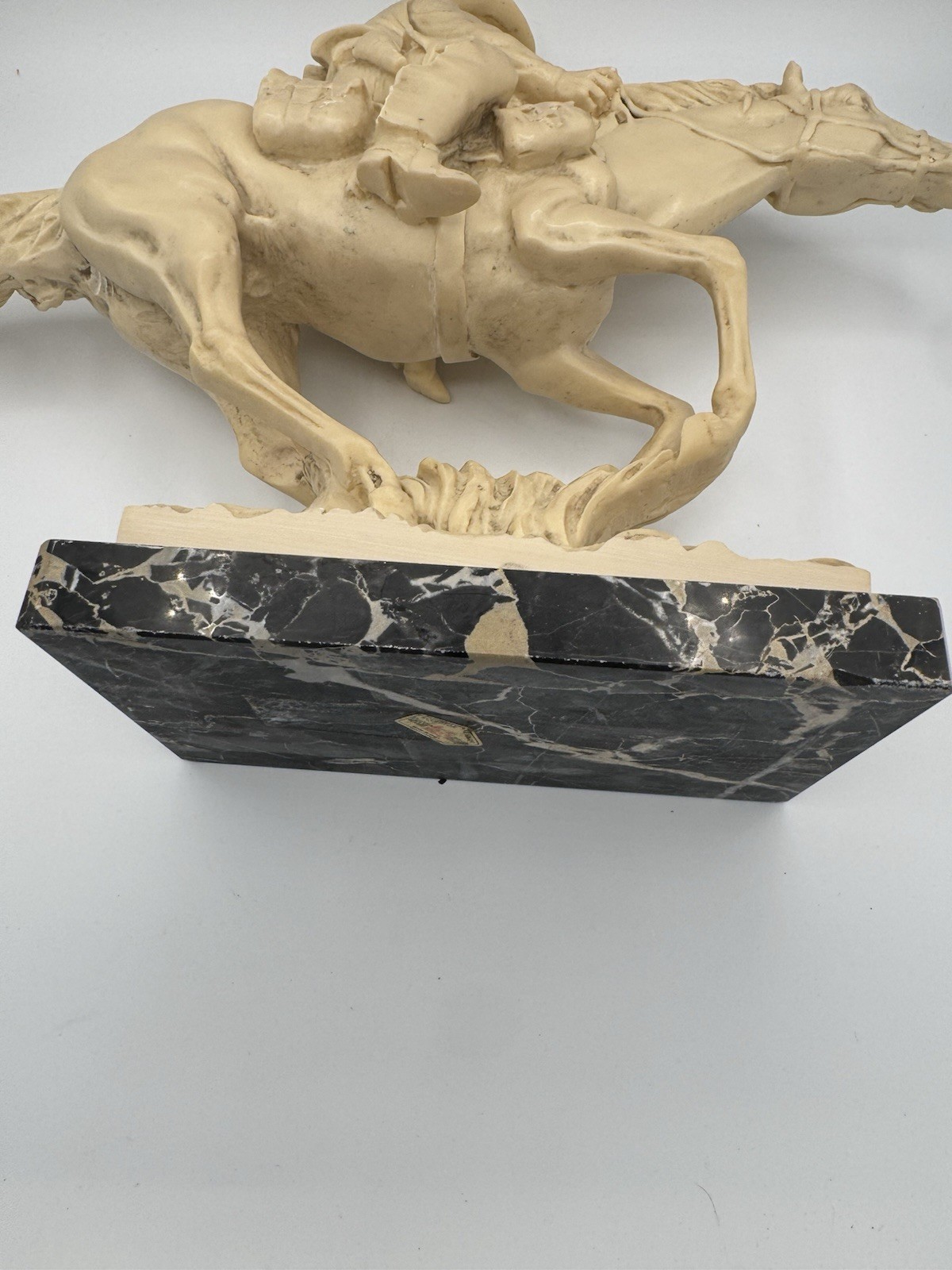 Vintage A. Santini Cowboy On Horse Statuette Italy 12” Alabaster/Black Marble