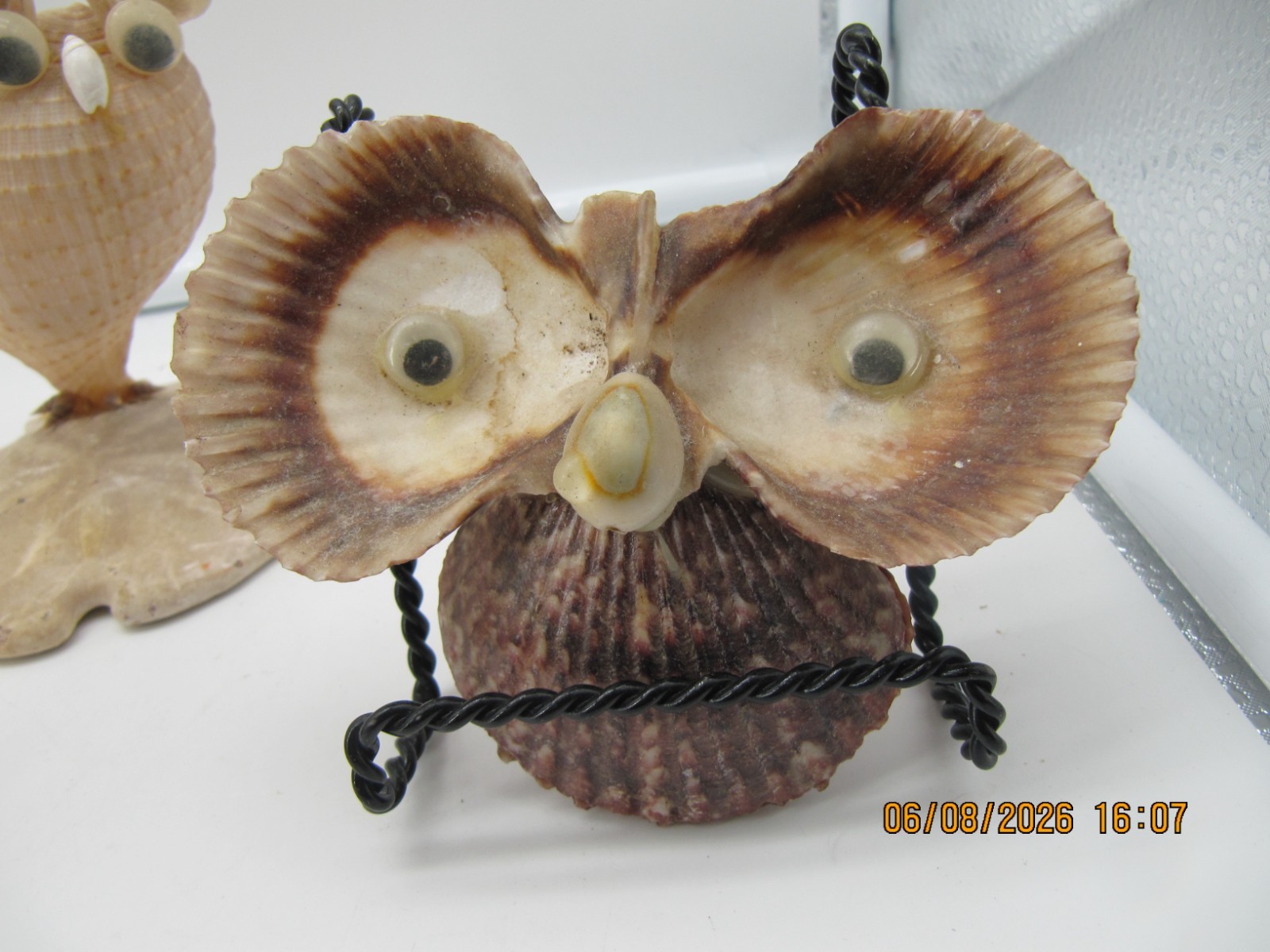 Set of 4 Vintage Seashell Art Figurines 2 Owls, 1 Chariot & 1 Frog