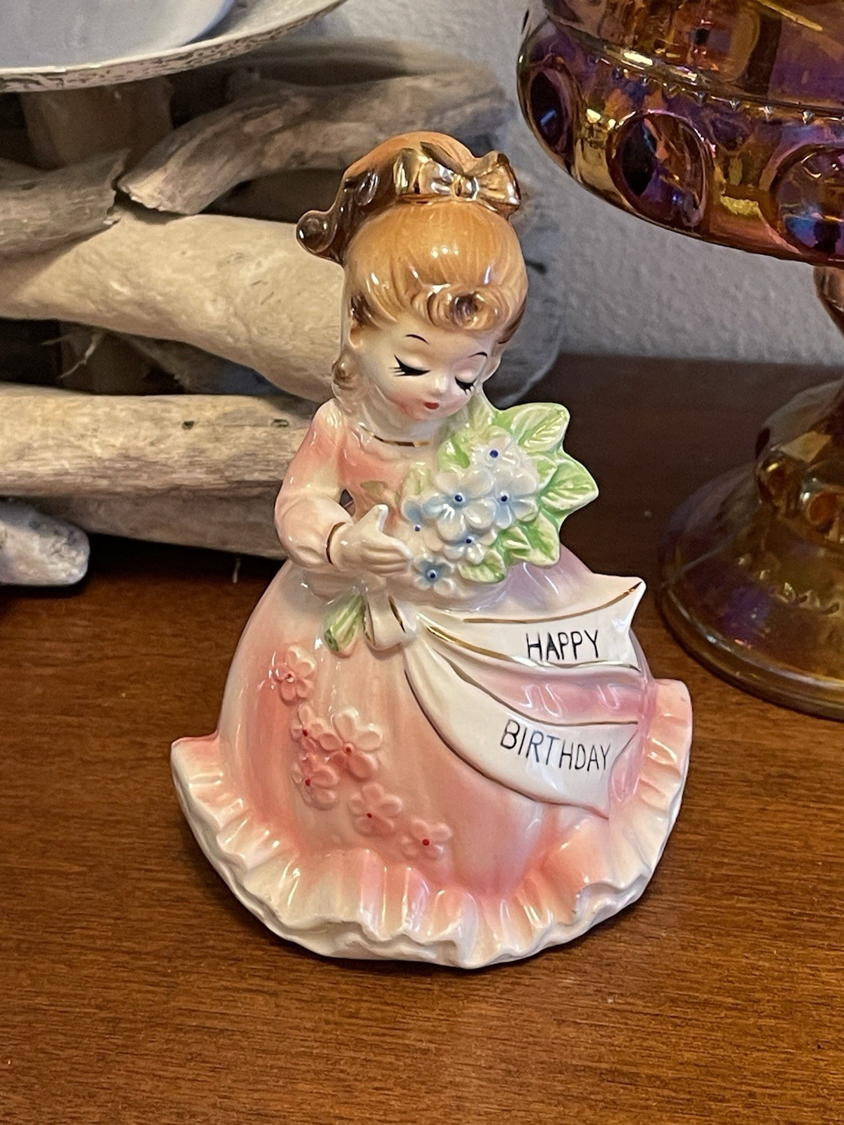 Vintage Enesco Happy Birthday Porcelain Girl Beautiful Hand Painted 4.25”