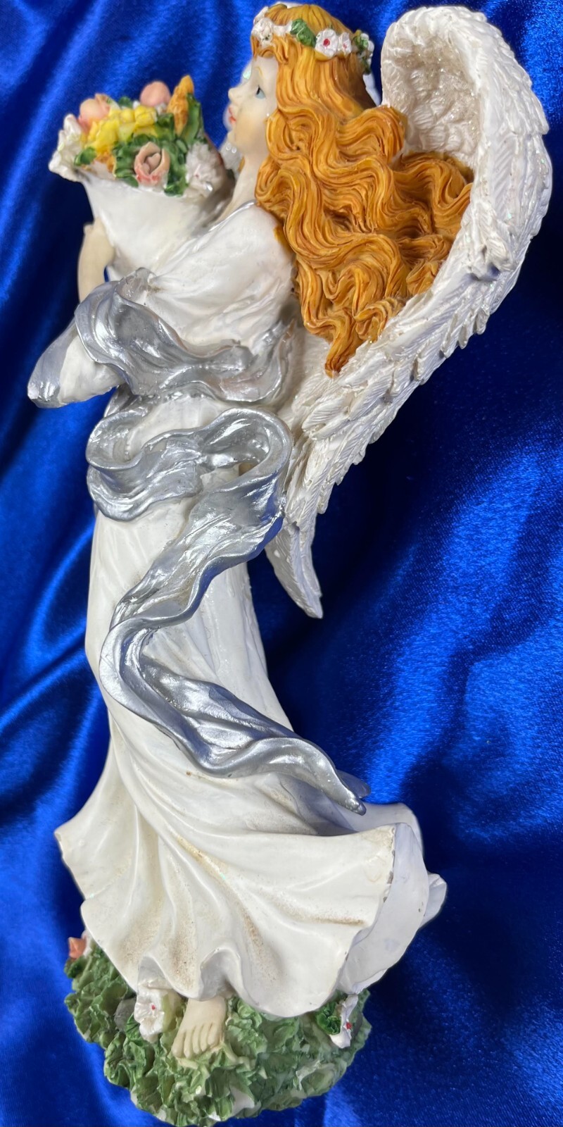 VTG Angel in White & silver, long red Hair Holding flowers(50)