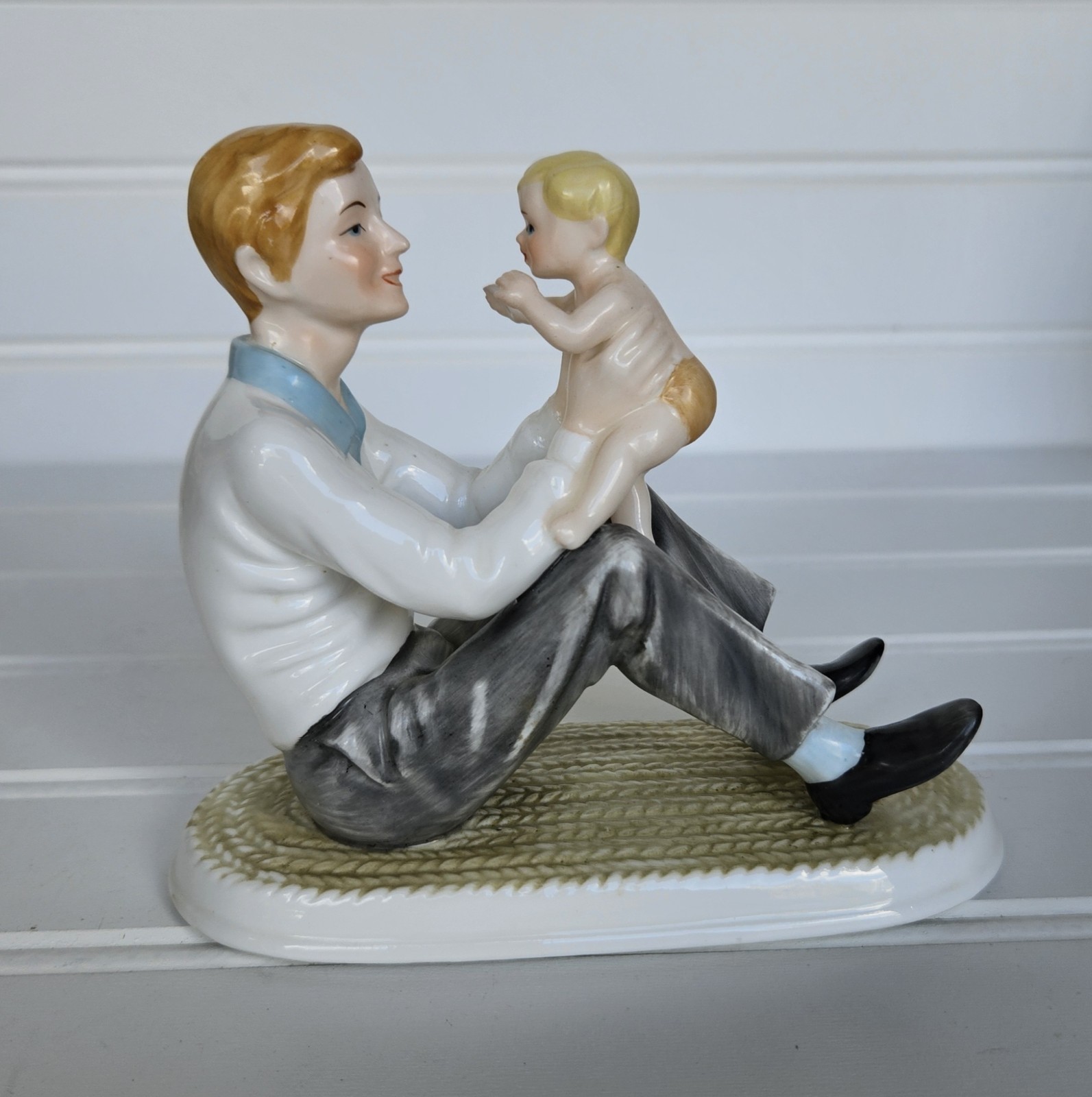 Vintage 1980 Enesco Bone China Father Holding His Baby Child Son Figurine