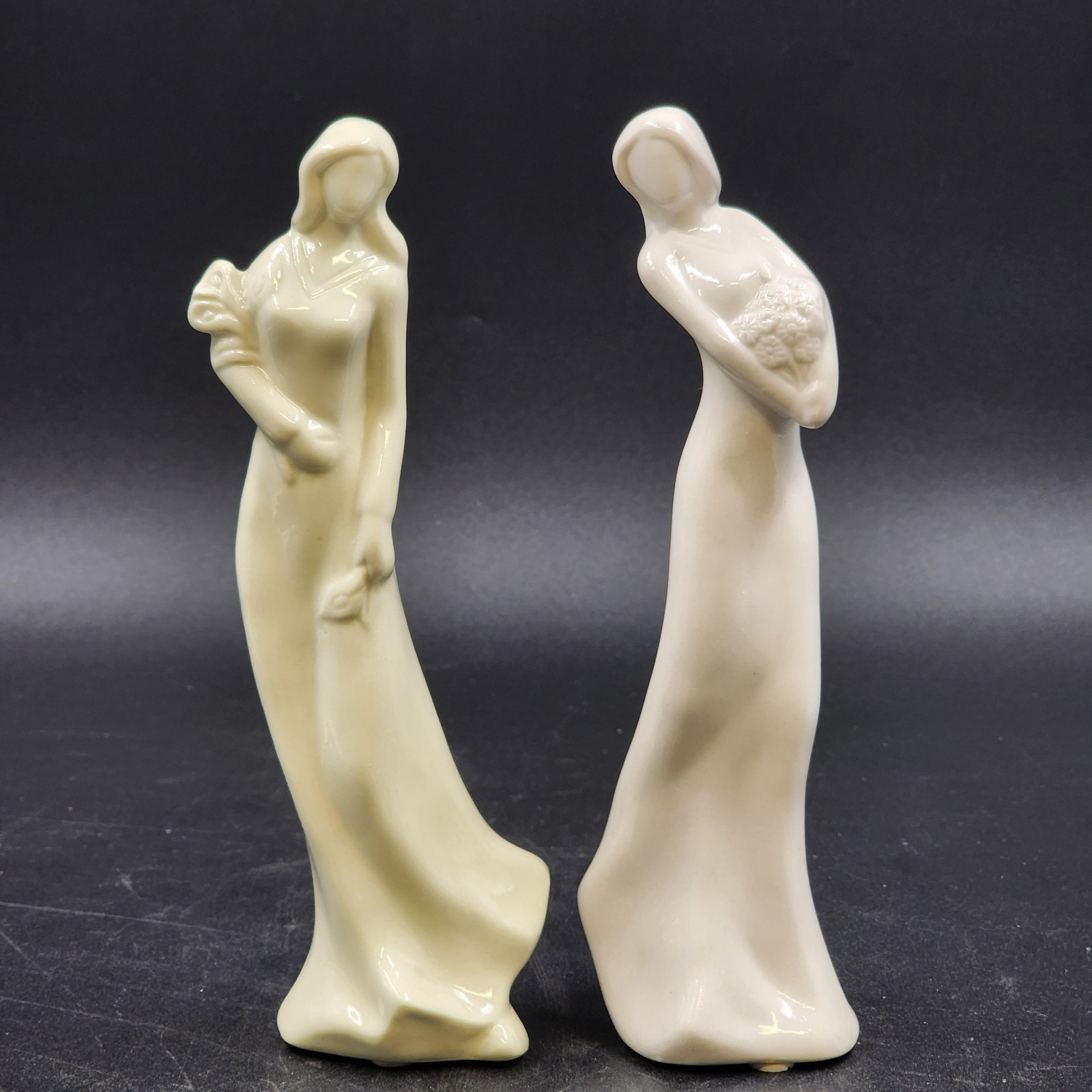 2 Faceless Women Figurines Solid White & Off-White Glazed Porcelain Flowers 8.5″