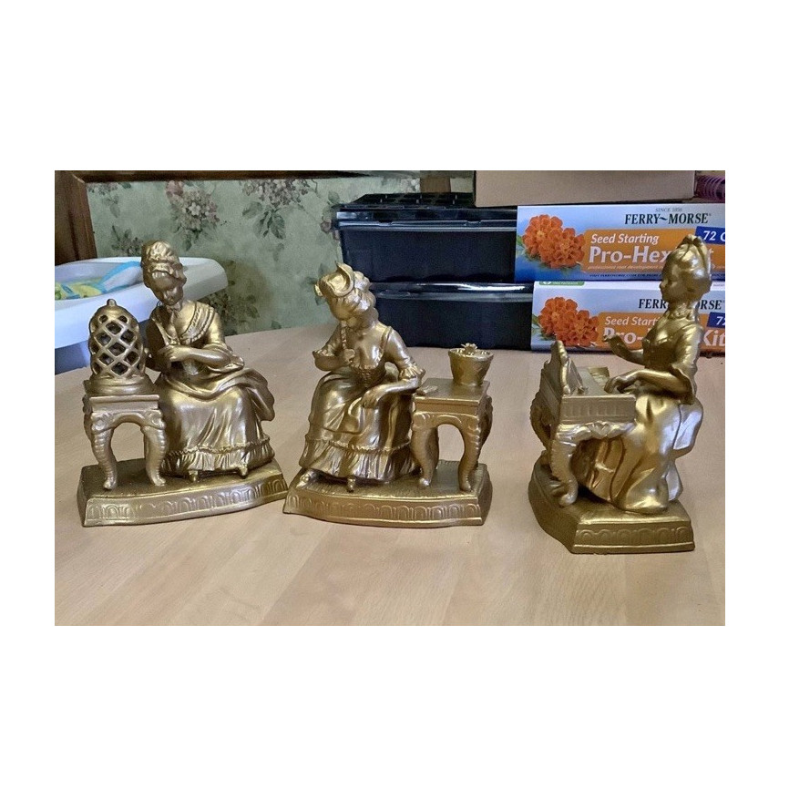 Gold Tone Metal Women Figurines w/ Side Table, Metallic Finish, Set of 3