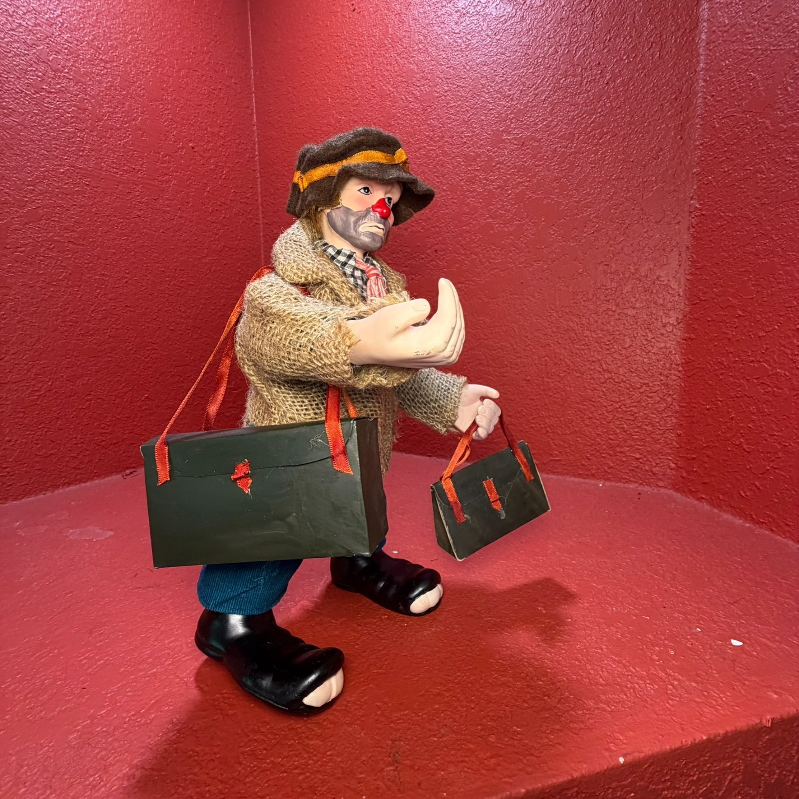 Emmett Kelly Jr Real Rags 12” Clown Doll “Bags Packed “Porcelain & Fabric Mache