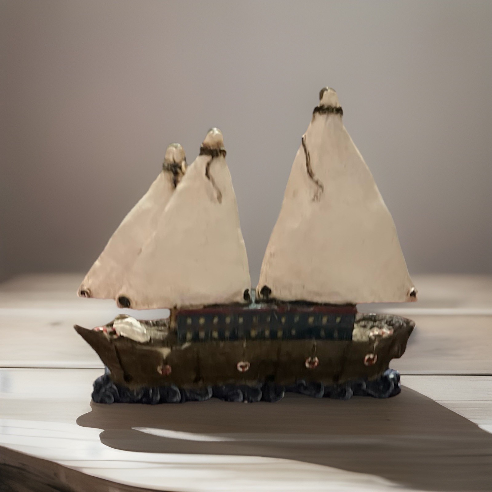 Vintage Metal Nautical Sailboat Figurine Sculpture, Brown/Beige/Blue, 3D Effect