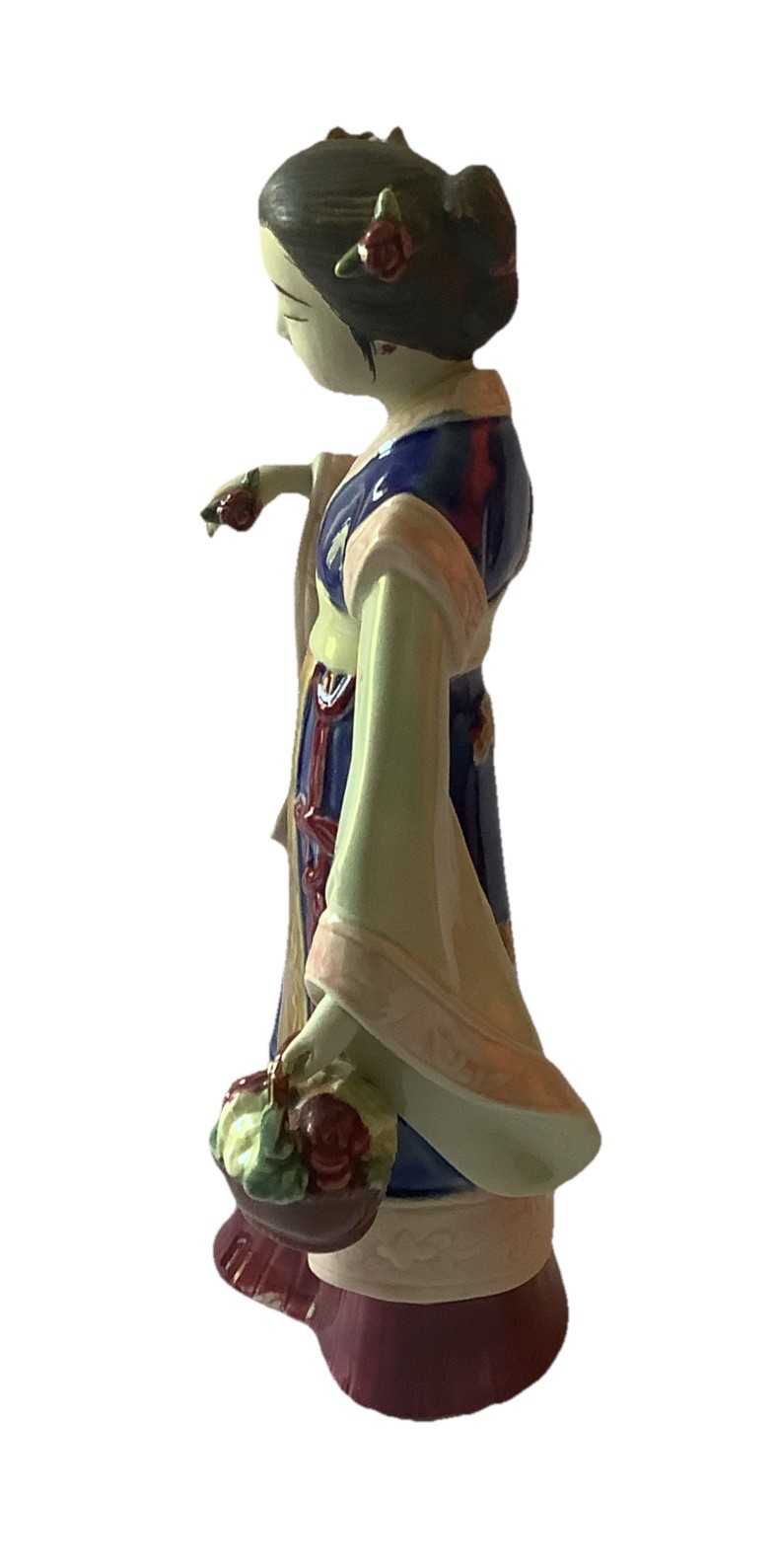 Vintage Japanese Ceramic Statue Girl with Flowers 10″ Tall Matte & Glossy Finish