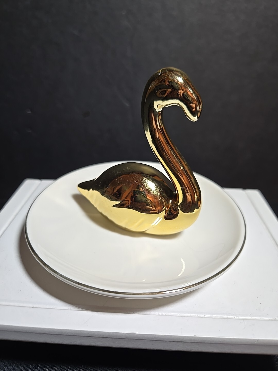 Vintage Golden Swan Sitting White Trinket Dish with Gold Trim