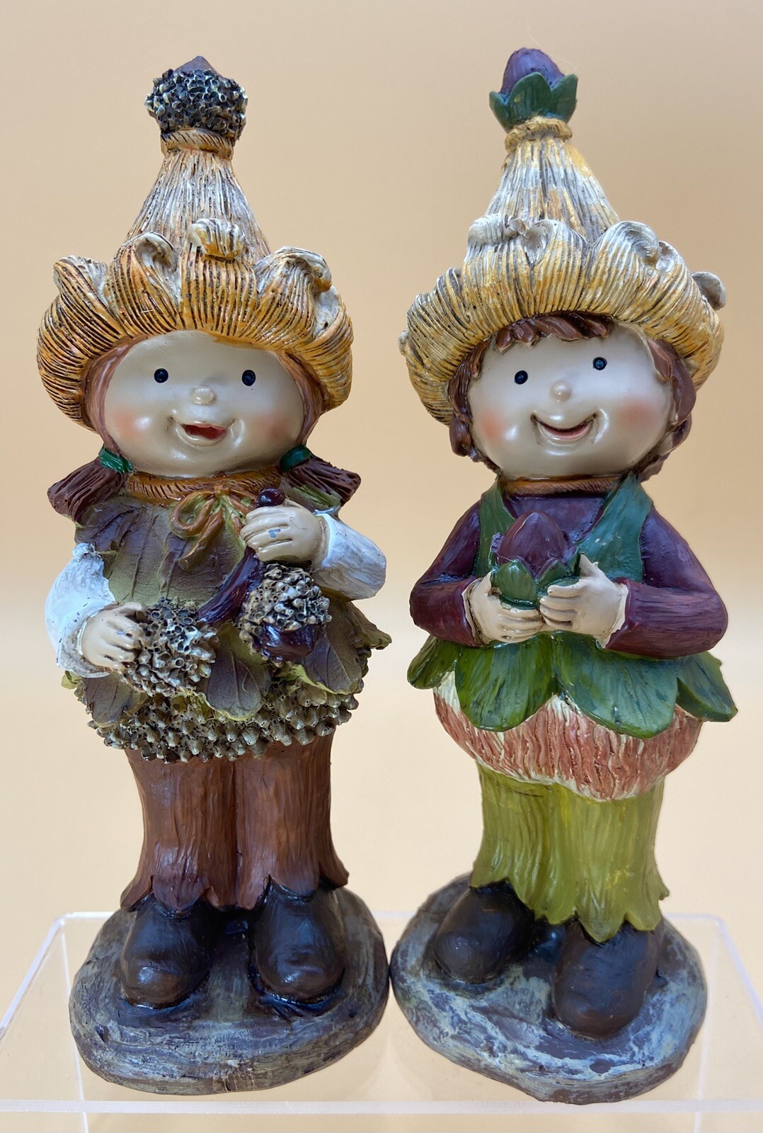 Pair Of Country Pinecone-Acorn Kids Figurines Rare Autumn Collectibles