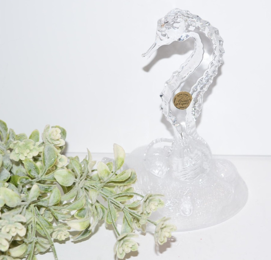 Vtg Cristal D’Arques Lead Crystal Seahorse Figurine On Frosted Shell Base 6″
