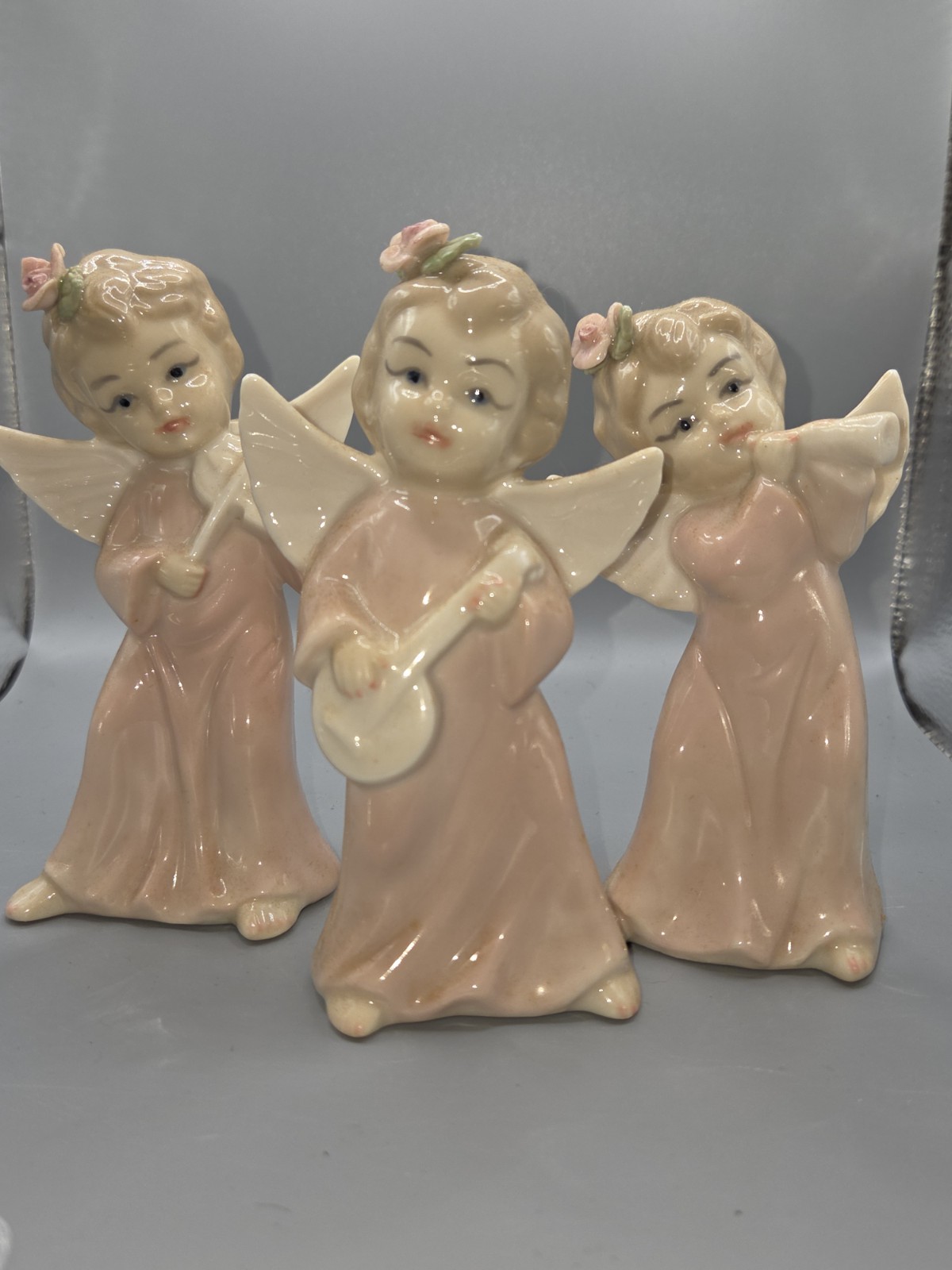 Vtg Lot Lefton? Cherub Girls Angels Singing/ Playing Music Figurines 1950s Trio
