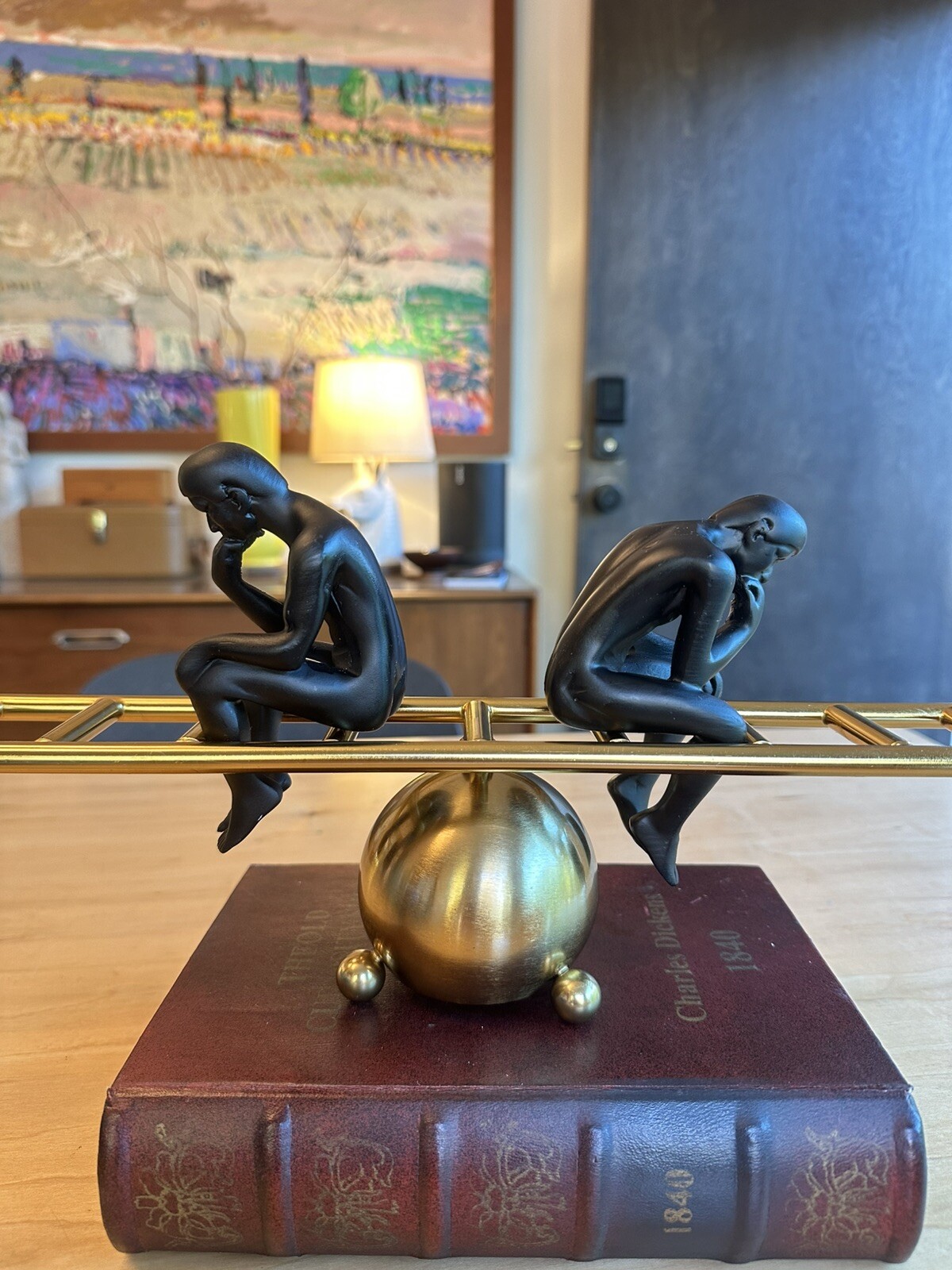 Man On The Stairs Thinking Man, Magnetic, Gold Metal, Movable, Balanced, Sturdy
