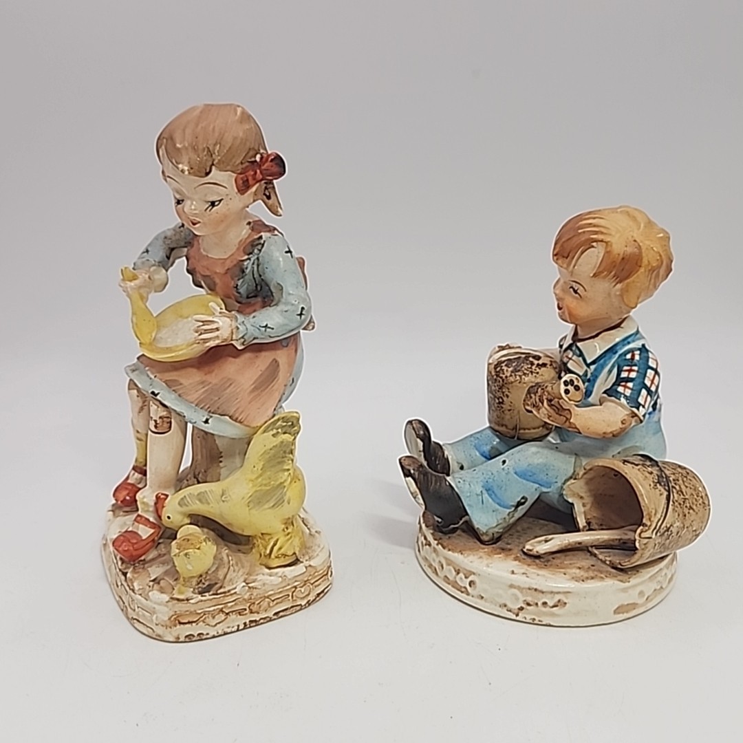 Occupied Japan Figurine Pair 5.75″ Girl Feed Chicken 4.25″ Boy Playing in Mud