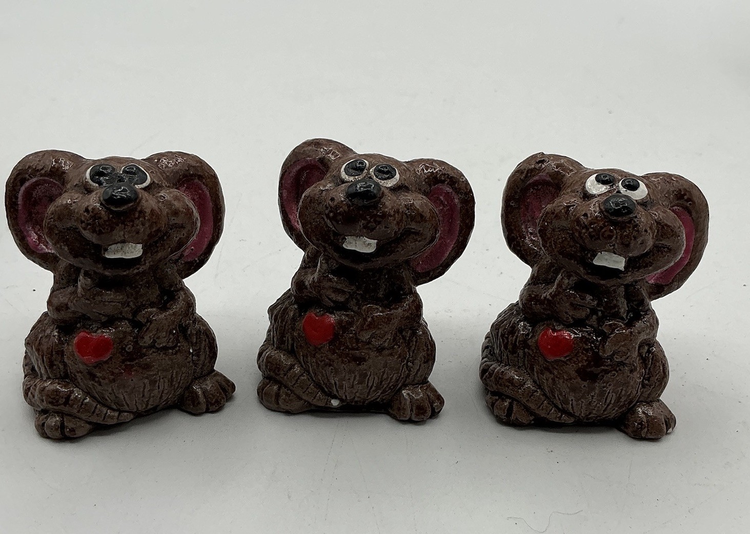 Vintage Ceramic Mouse Figurines Set of 3 Brown Red Heart Miniatures Cute Decor