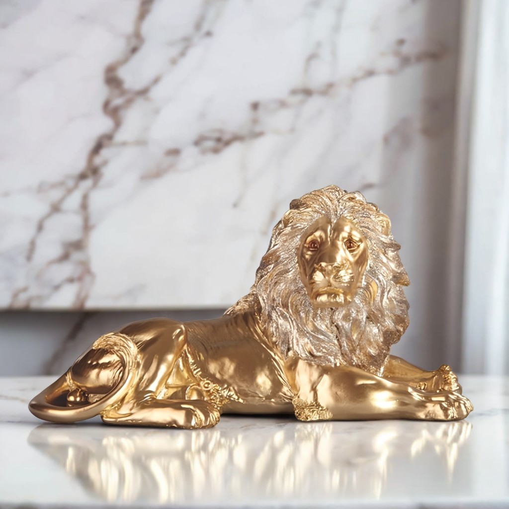 8″W Golden Lion Laying Figurine Ornament Home Decor Unique Gift