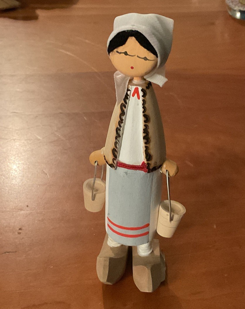 Vtg Romanian Hand Carved Painted Wood Woman / Girl Carrying Pails