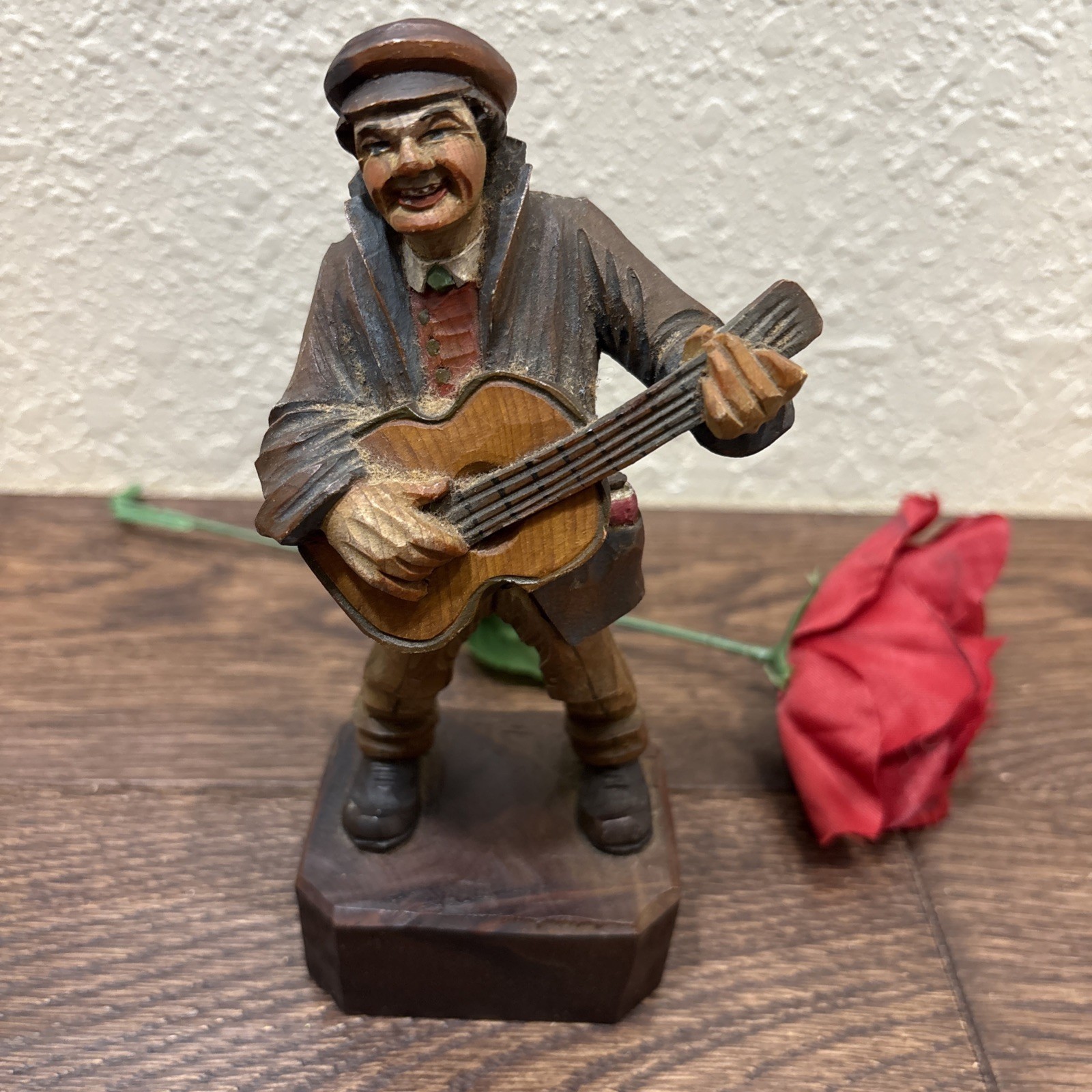 Mid 20th Century Wooden Handcrafted Alpine Man Playing Guitar Folk Art Italy 7”