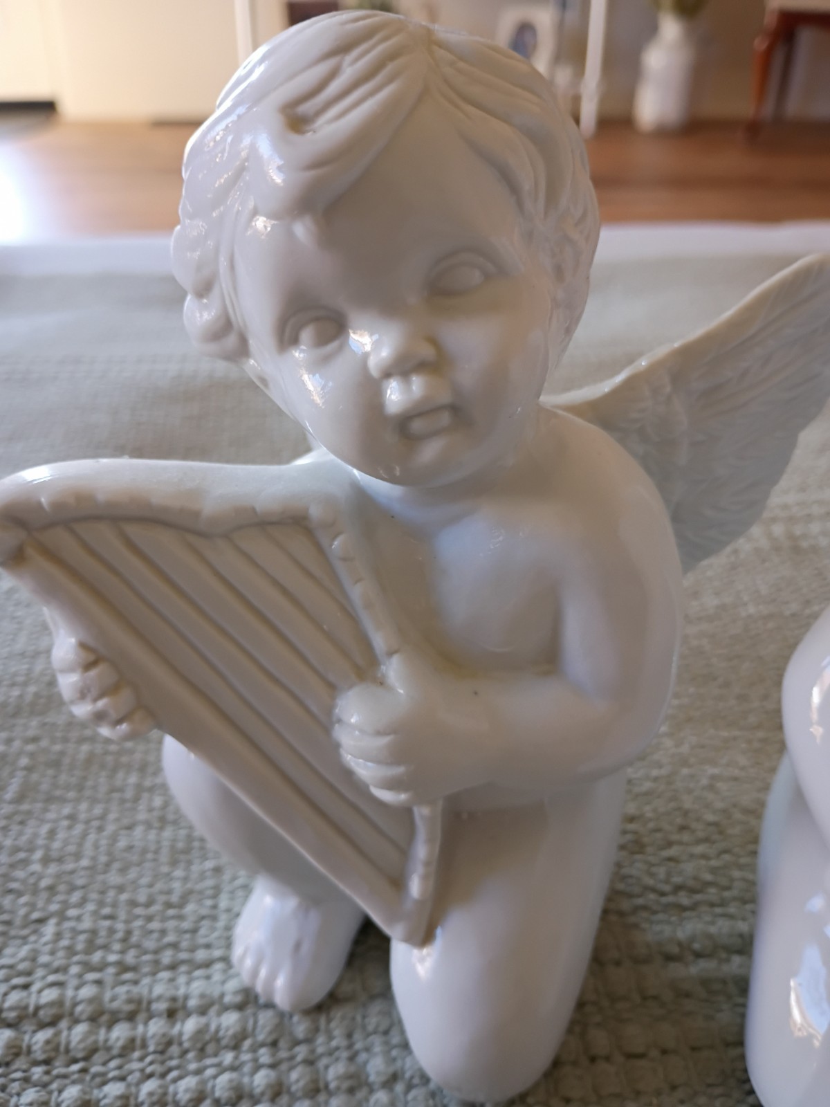 Kneeling Angel Cherub Porcelain Pair Instrumental Figurines White Glossy