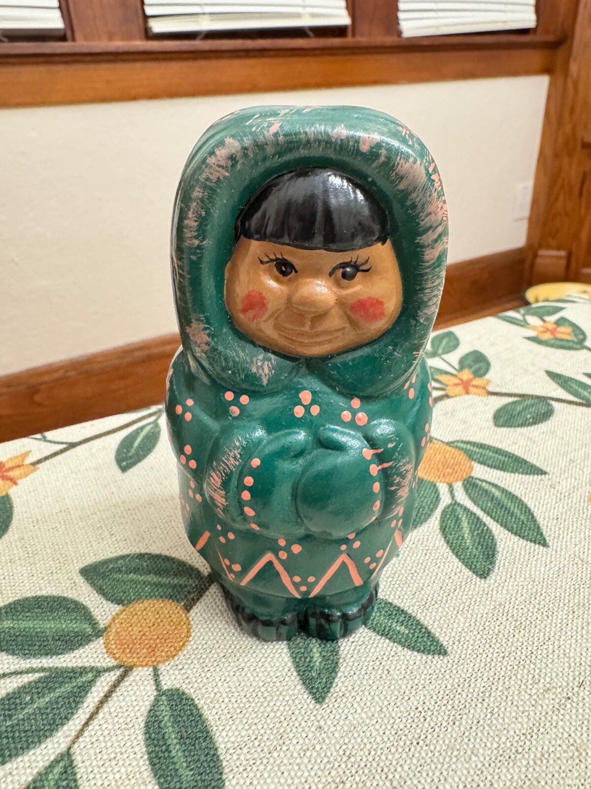 Vintage FIGURINE INUIT ESKIMO Ethnic boy Hand painted Green Suit signed