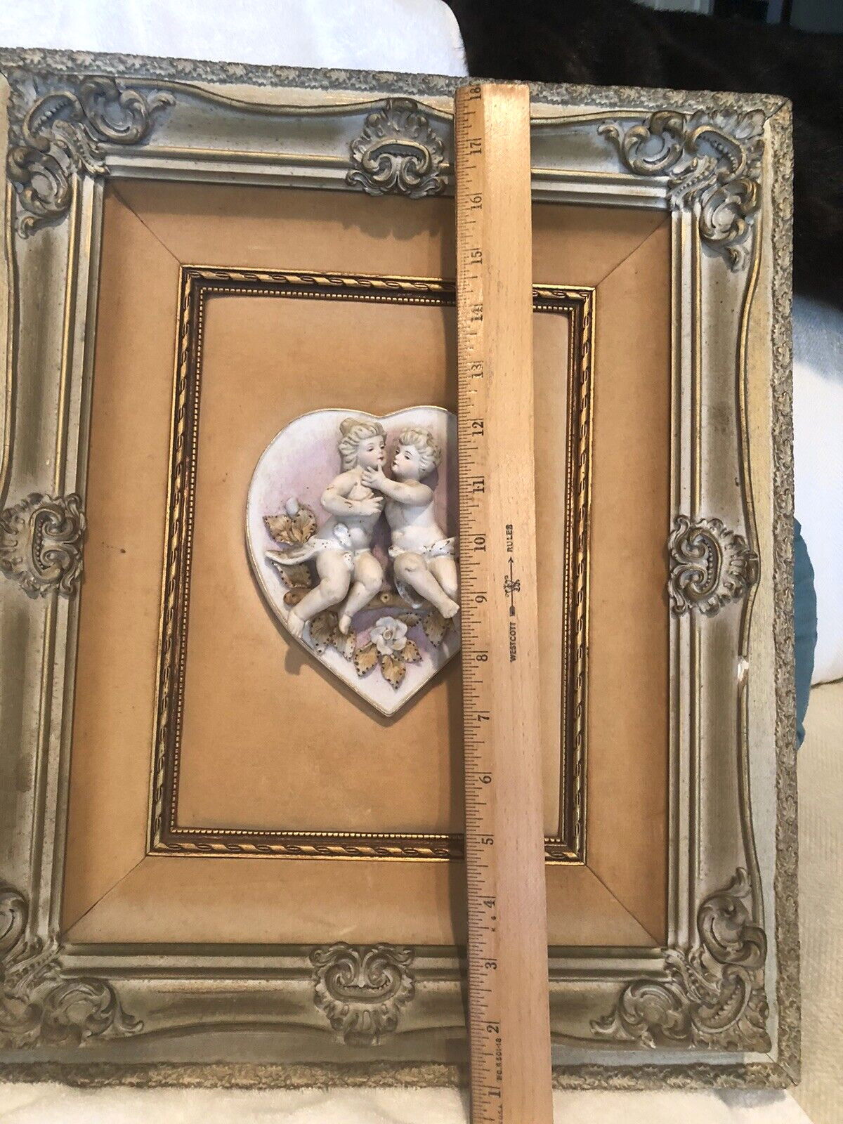 VTG Porcelain Bisque Heart Sculpture Wall Hanging on Velvet (2) Angels Framed 3D