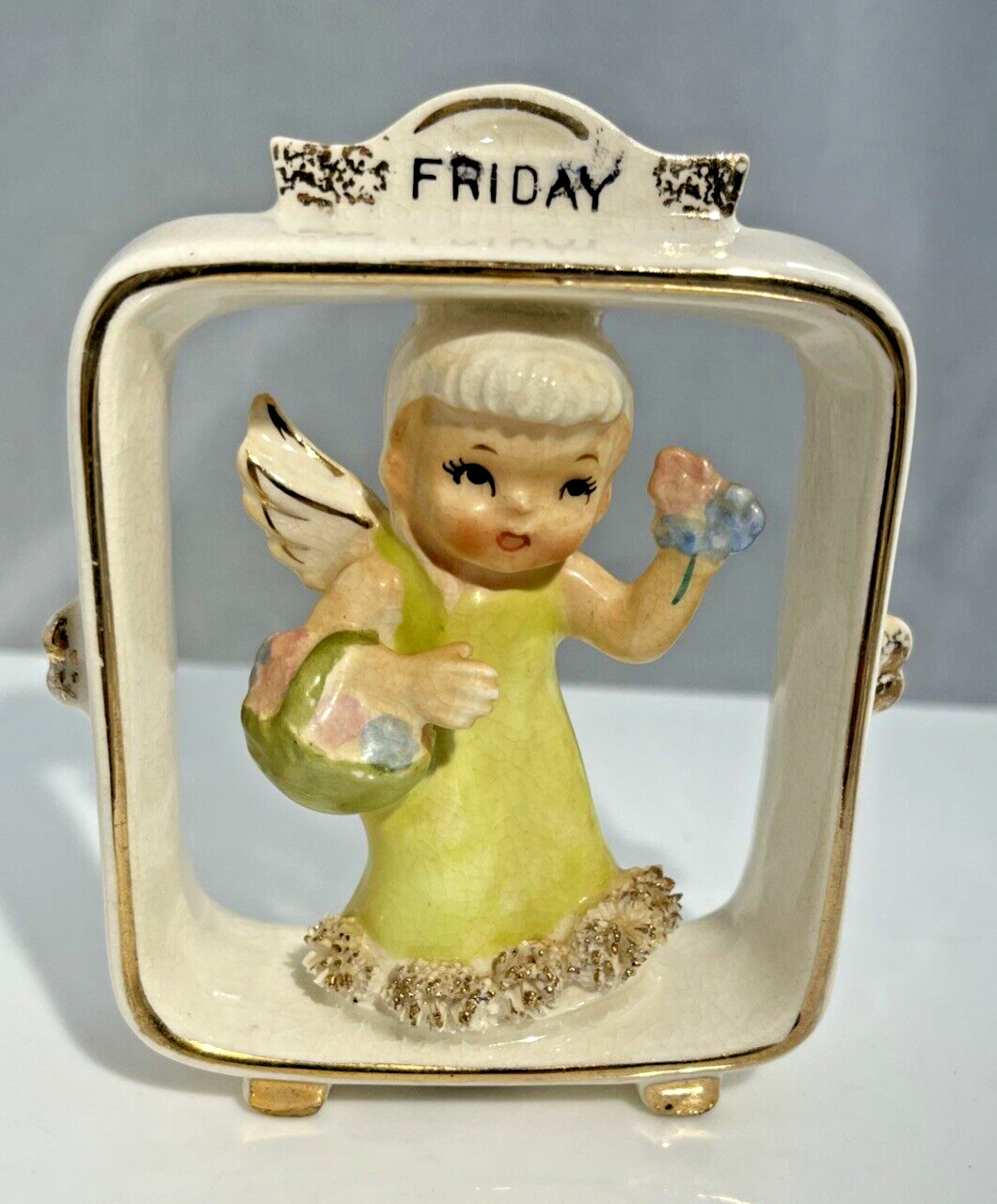 Geo. Z. Lefton Friday Child Of The Week Framed Porcelain Figurine Angel 1955