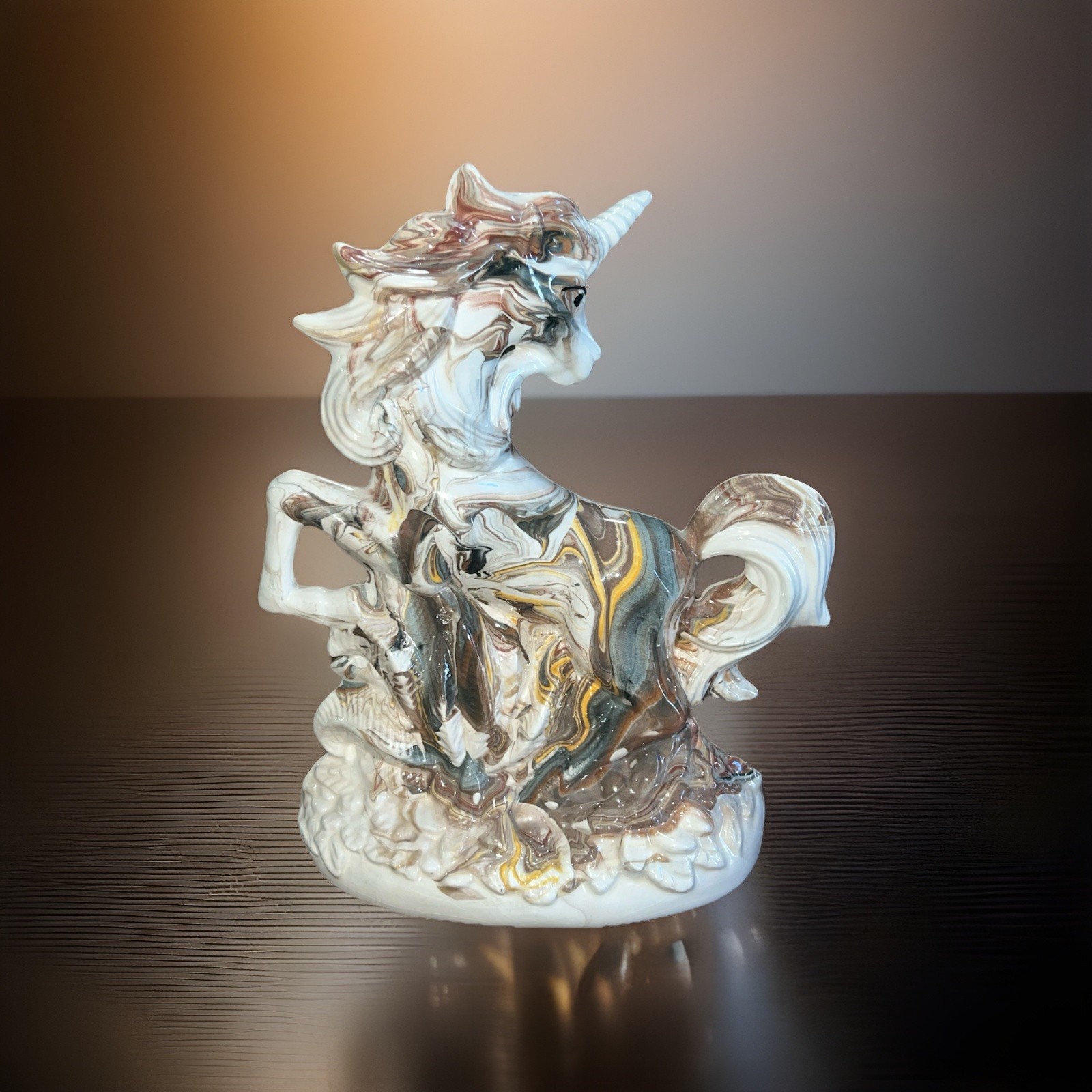 Vintage marbled iridescent glaze Ceramic Unicorn Figure Decor Statue Rare