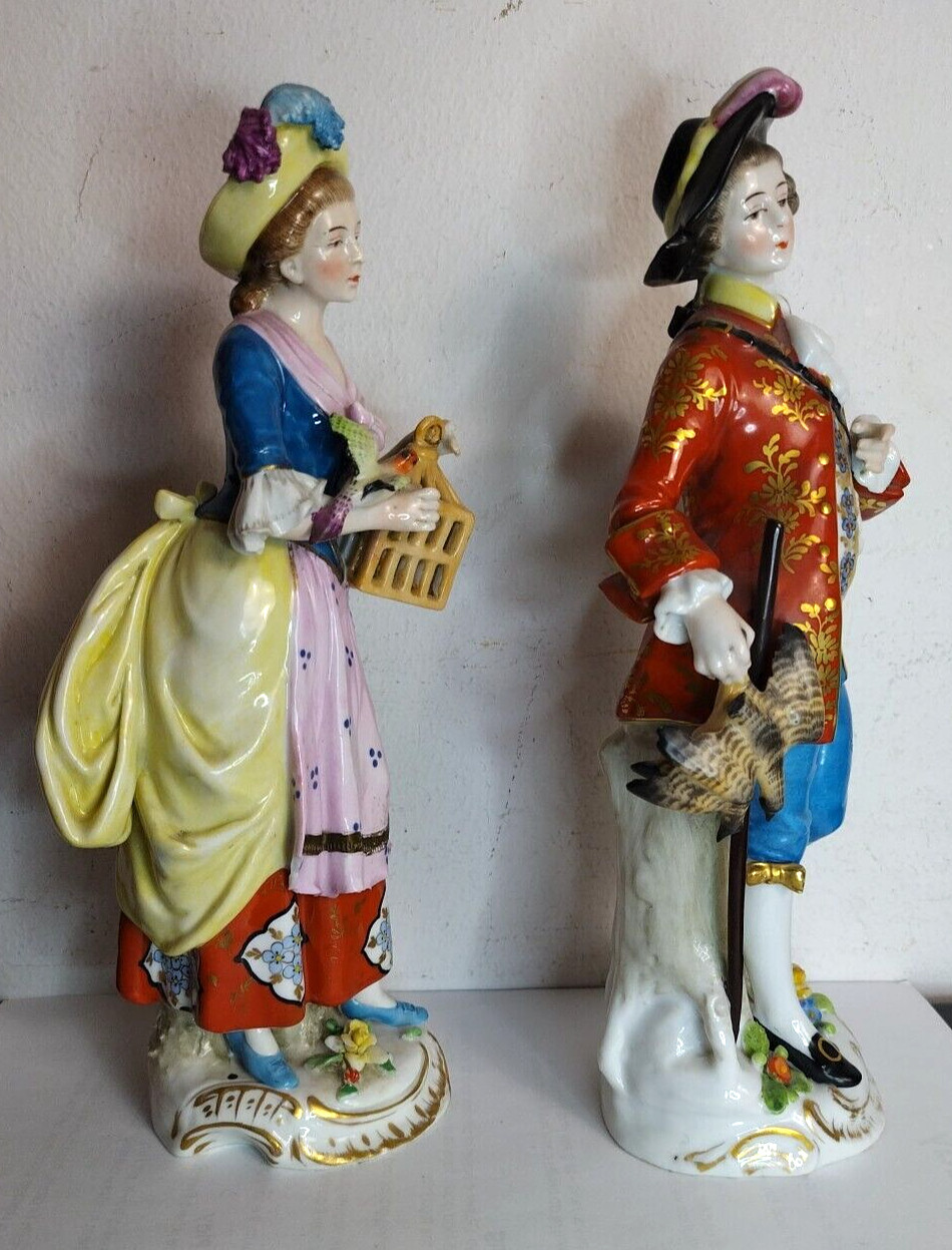 Early 29thc Chelsea Samson Couple Birdcage Bird Hunter German Porcelain Figures
