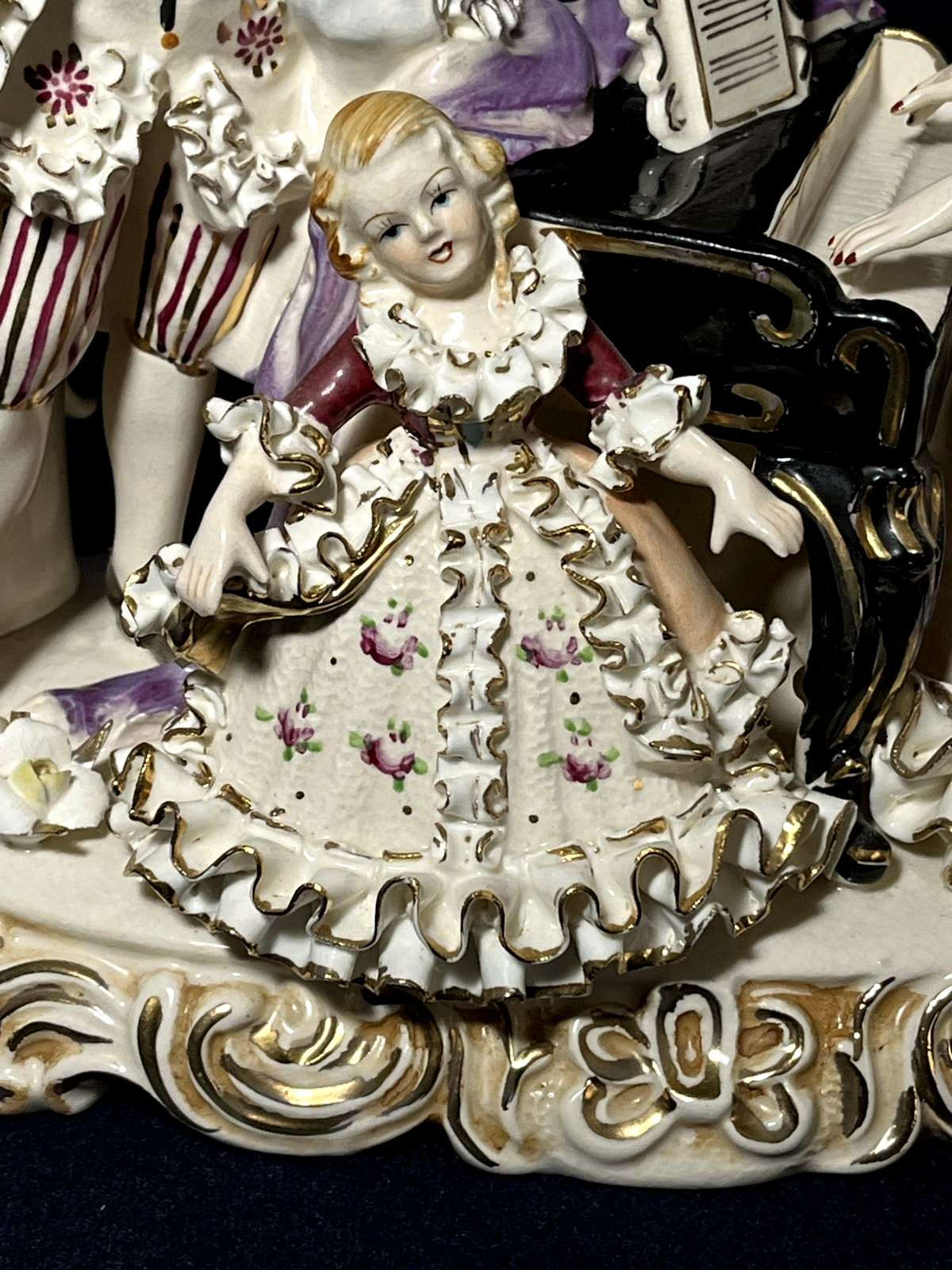 Vintage German Dresden Figurines Musicians Piano Flute Child Singer 9-1/2″x 9″
