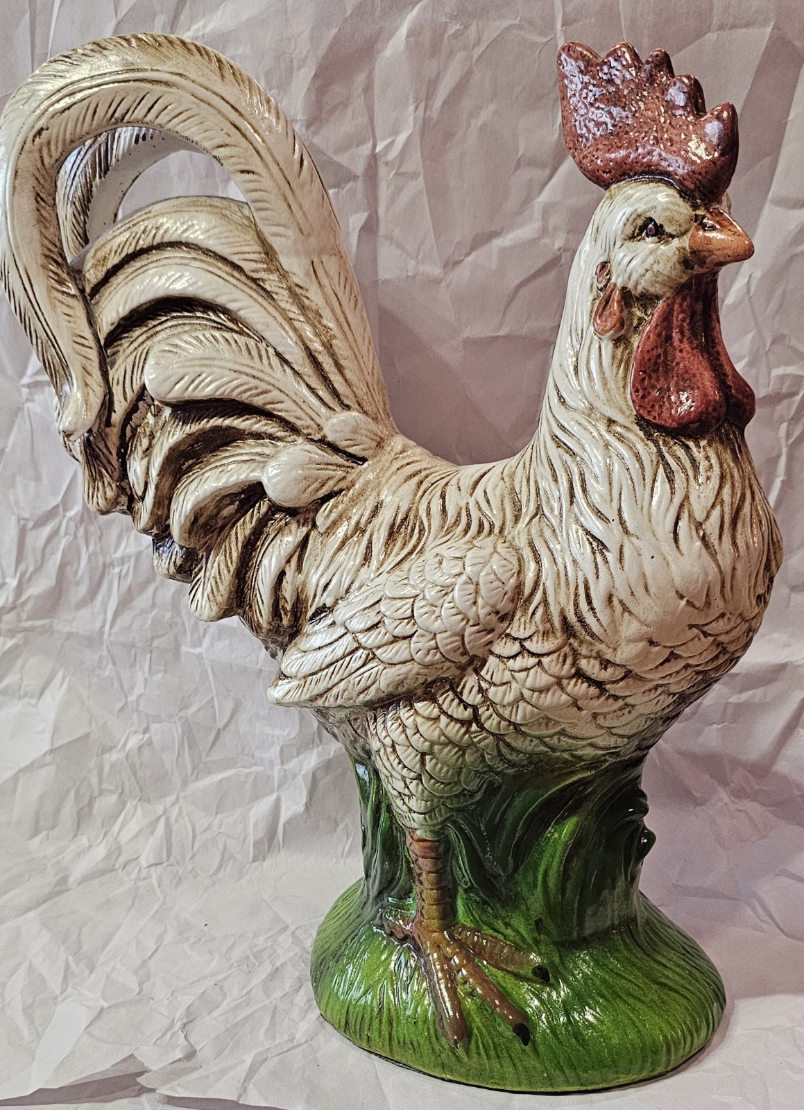 Vintage Large Ceramic Rooster Figurine, Hand Painted Farmhouse Kitchen Decor