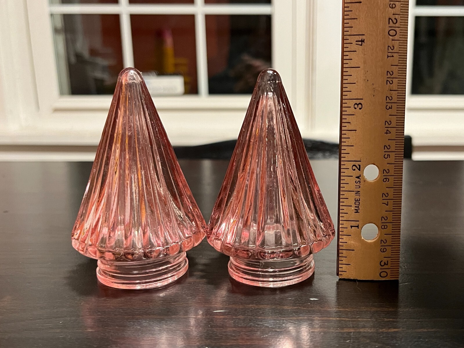 Pair of Small Glass Decorative Free-Standing Christmas Trees Barbie Pink, 3 1/2″