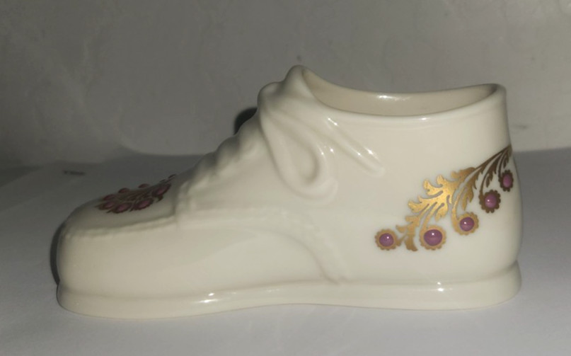 Vintage Lenox Porcelain Baby Shoes Hand Painted Baby Pink Dots Gold Trim Figure