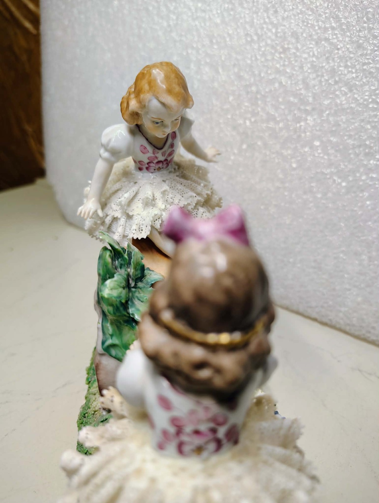 Antique 1850’s German Dresden Lace Sitzendorf Porcelain Girls on Seesaw Figurine