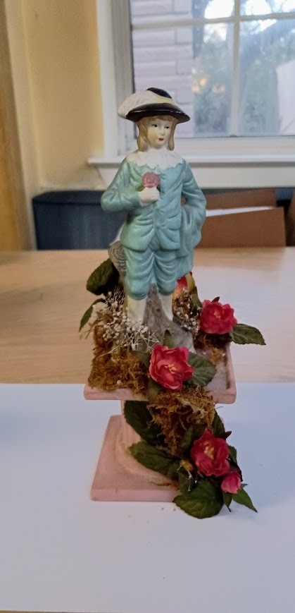 Vintage Bisque Colonial Man Holding Flower Standing on Floral Pedestal