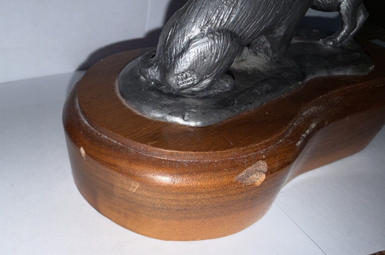 Michael Ricker Pewter Mama Cat Playing w Kitten on Wooden Base