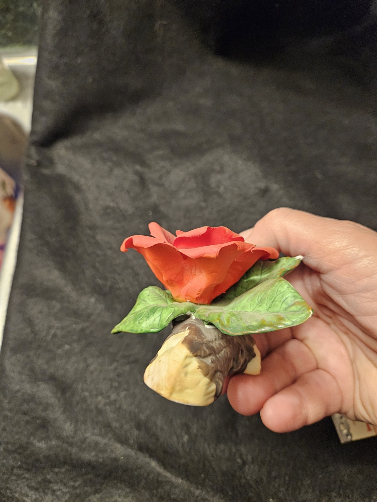 Vintage Porcelain Red Rose Figurine on Branch Hand Painted Matte Bisque Tiawan