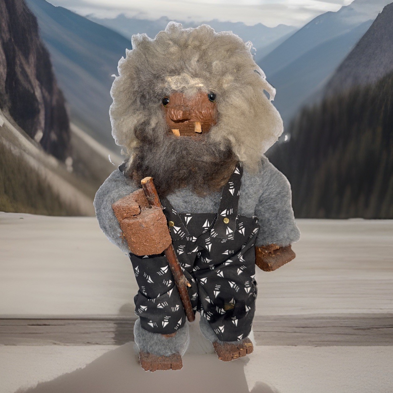 Artisan Made Vtg Troll Synthetic Fur Clay Stick In Hand Crudely Made Overall 17”