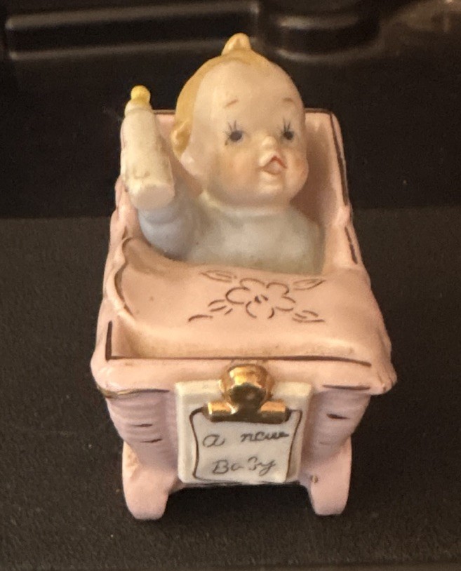 Vintage Ceramic Glazed Baby Stroller Carriage Figurine Pink White Gold New Baby