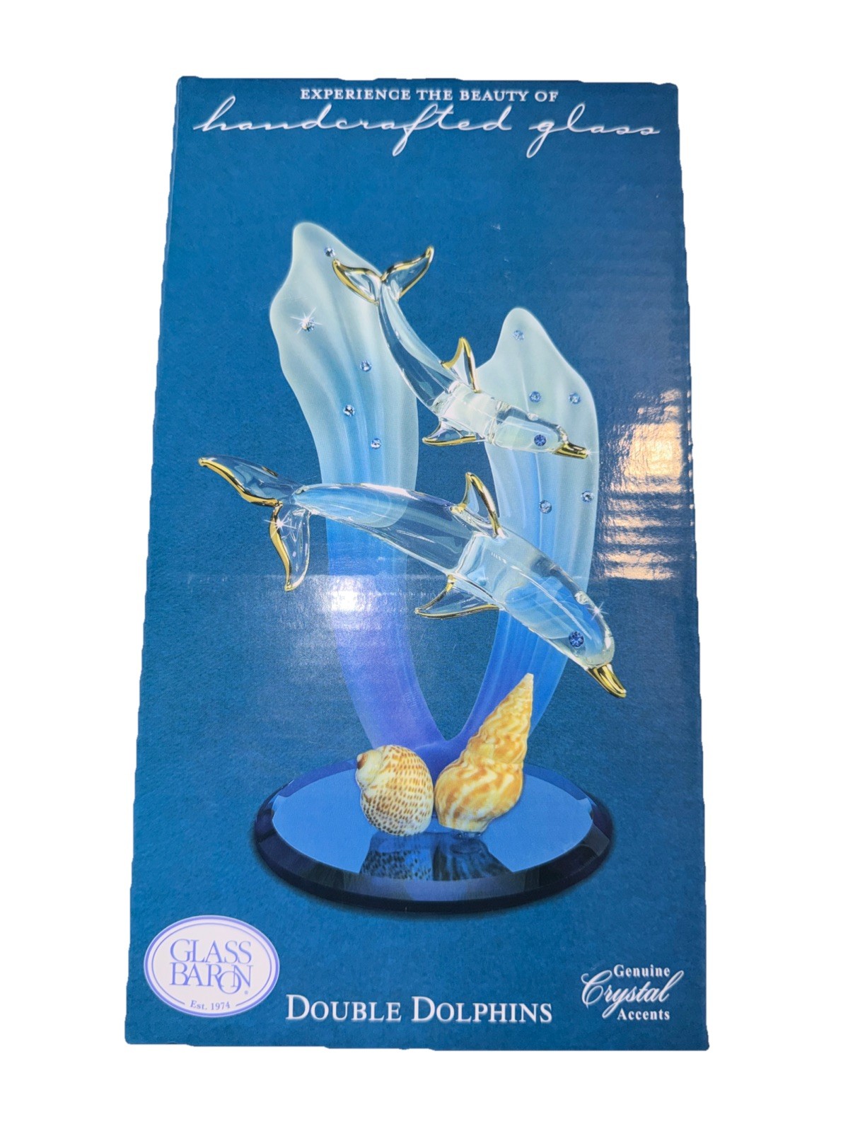 New In Box Glass Baron Double Dolphins Figurine S5 T66-2D 22Kt Gold Crystal