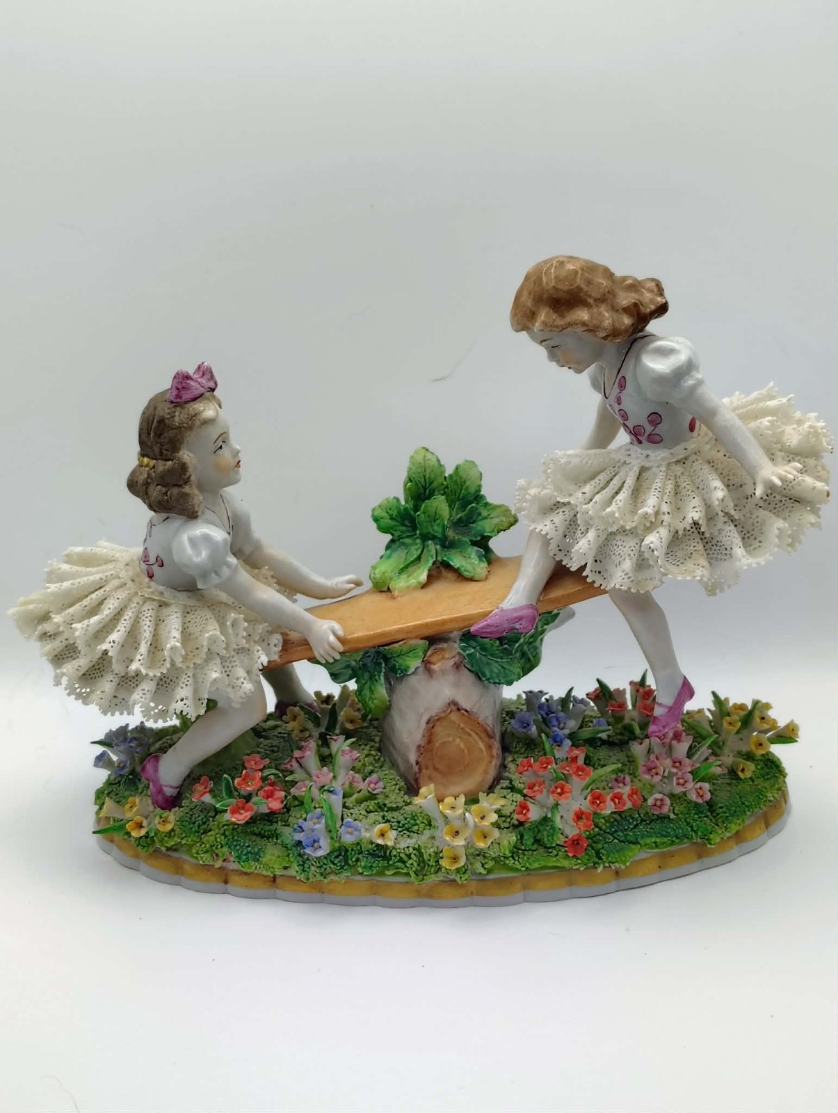 Antique 1850’s German Dresden Lace Sitzendorf Porcelain Girls on Seesaw Figurine
