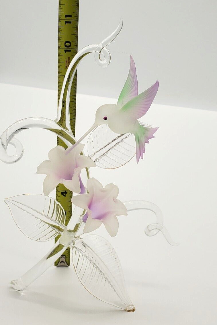 Hand Blown Glass Hummingbird Figurine Gilded Leaf Tips 11″ Tall Frosted Bird