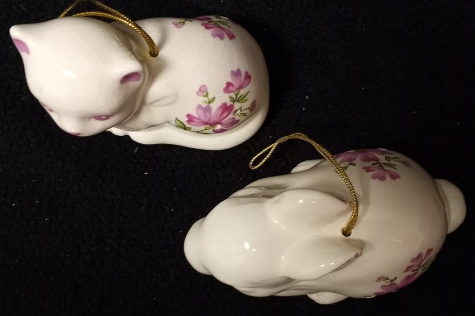 Kitten & Bunny Hanging Ceramic Pomanders Christmas Ornaments Cat Rabbit