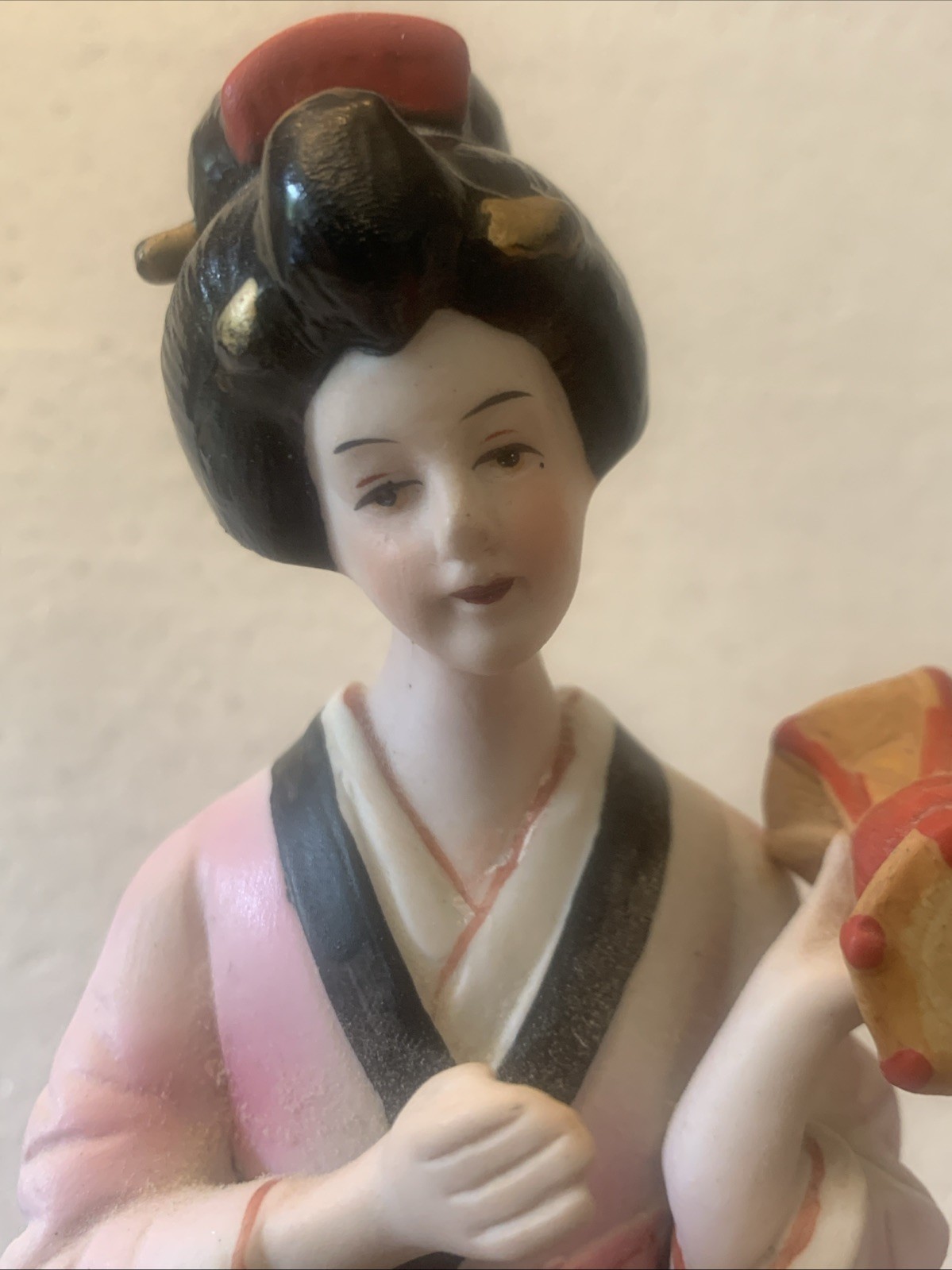 8 Inch Tall Vintage Japanese Geisha Girl Decor Porcelain Figurine Holding Drum