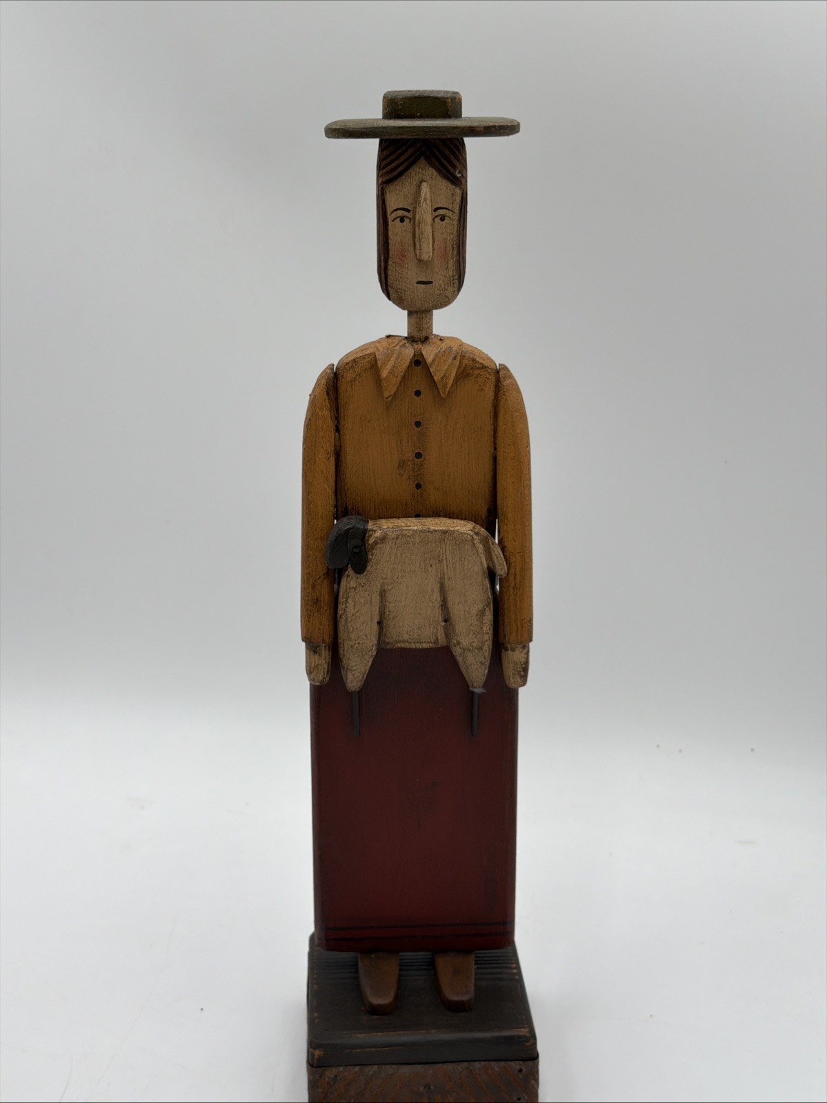 Bobby Huffman Studio Hand Painted Carved Wood Folk Art Woman W/Sheep