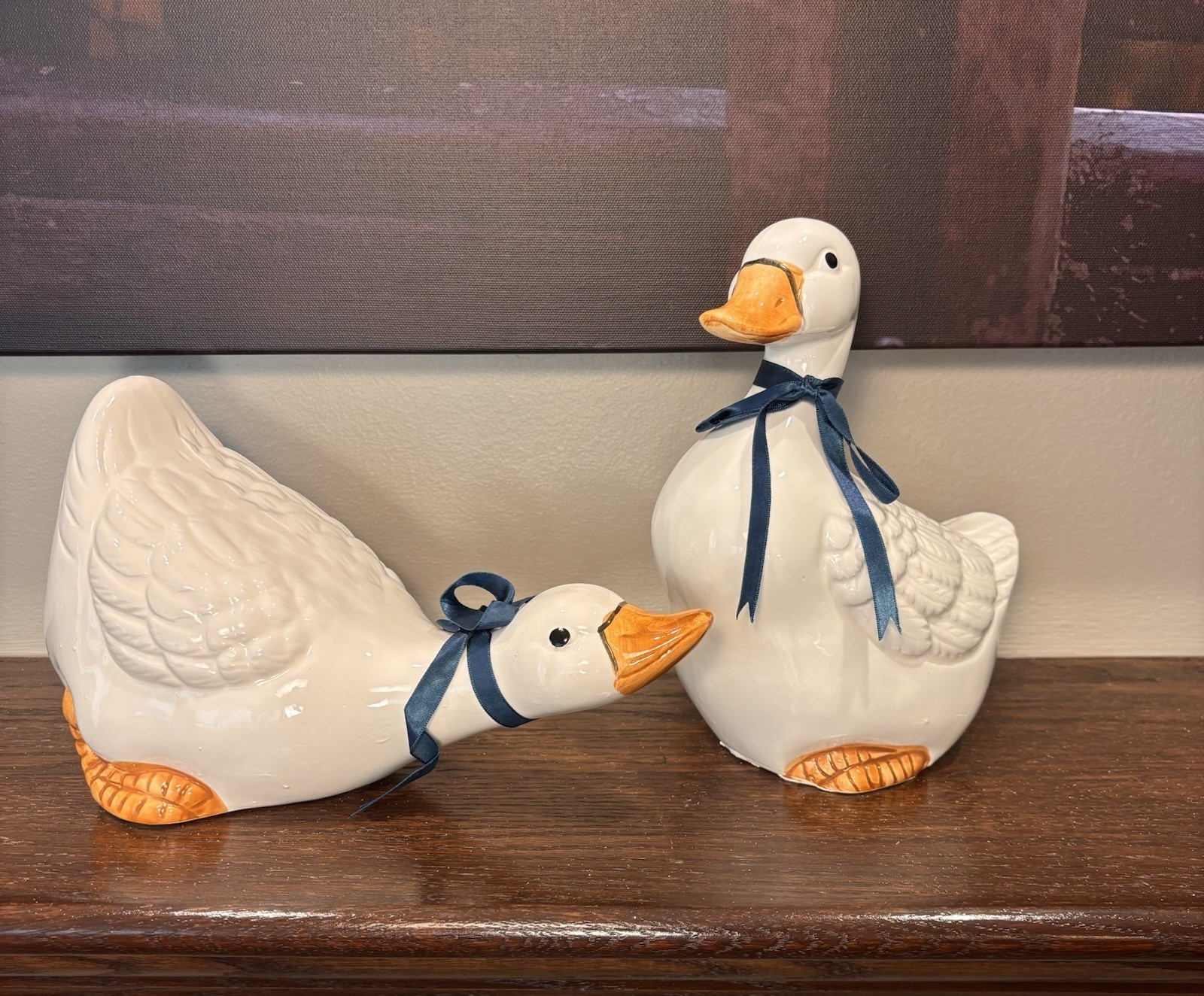 Vintage Ceramic Goose Figurines Set Of 2 Blue Ribbon Ducks Taiwan 1987