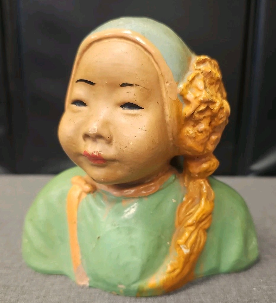 Vintage Esther Anna Hunt Chinese Woman Chalkware Art Bust Statue + Bonus Bust