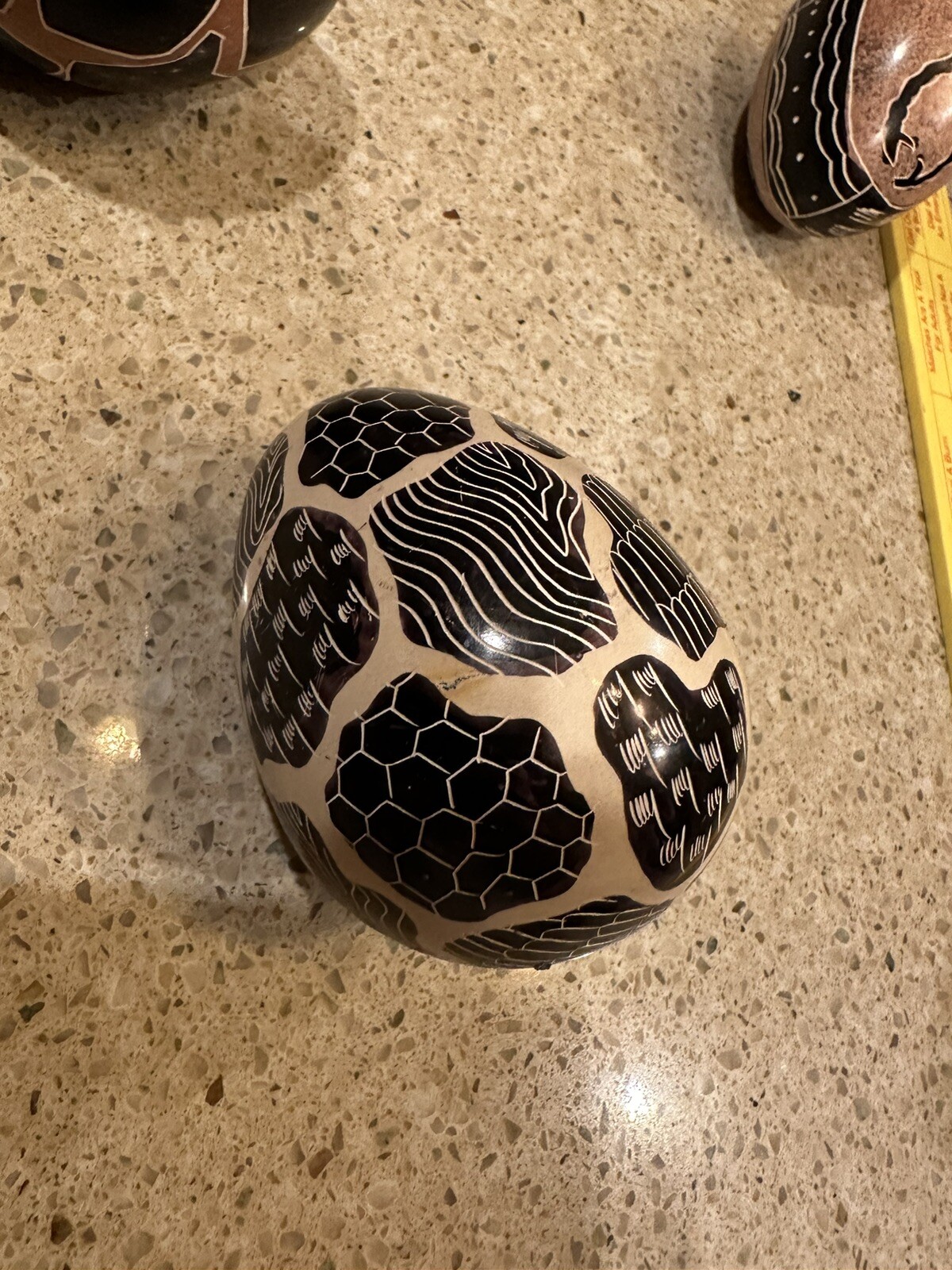 Hand Painted and Carved set of 4 Eggs Geometric Patterns Collectible Decor