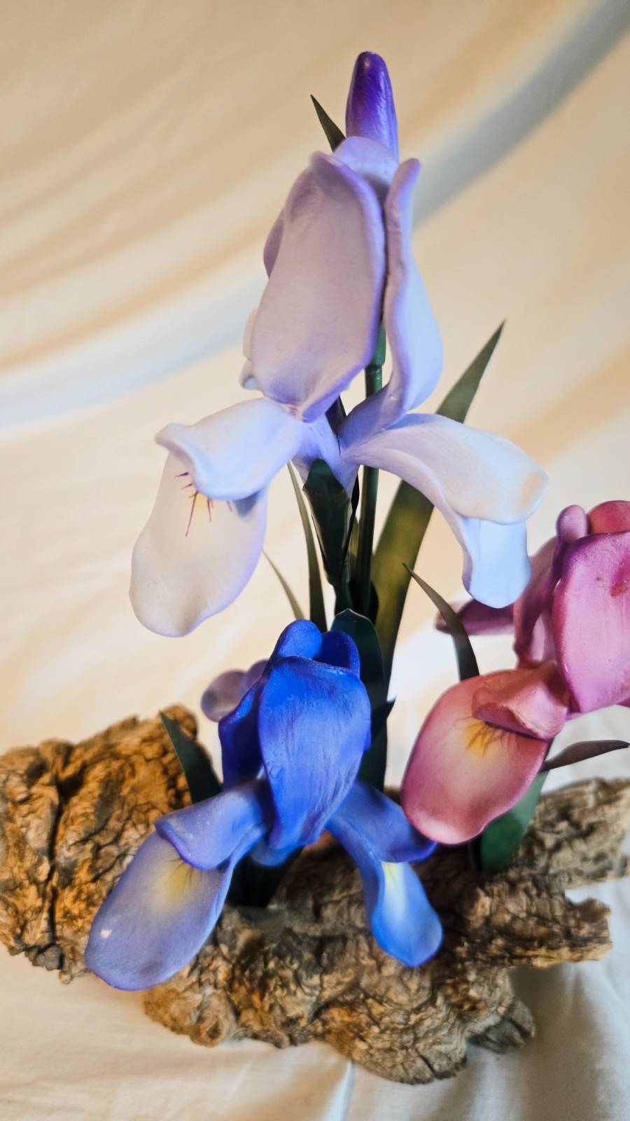 Vintage Porcelain Iris Flower Sculpture Driftwood Base Blue Pink Floral Figurine