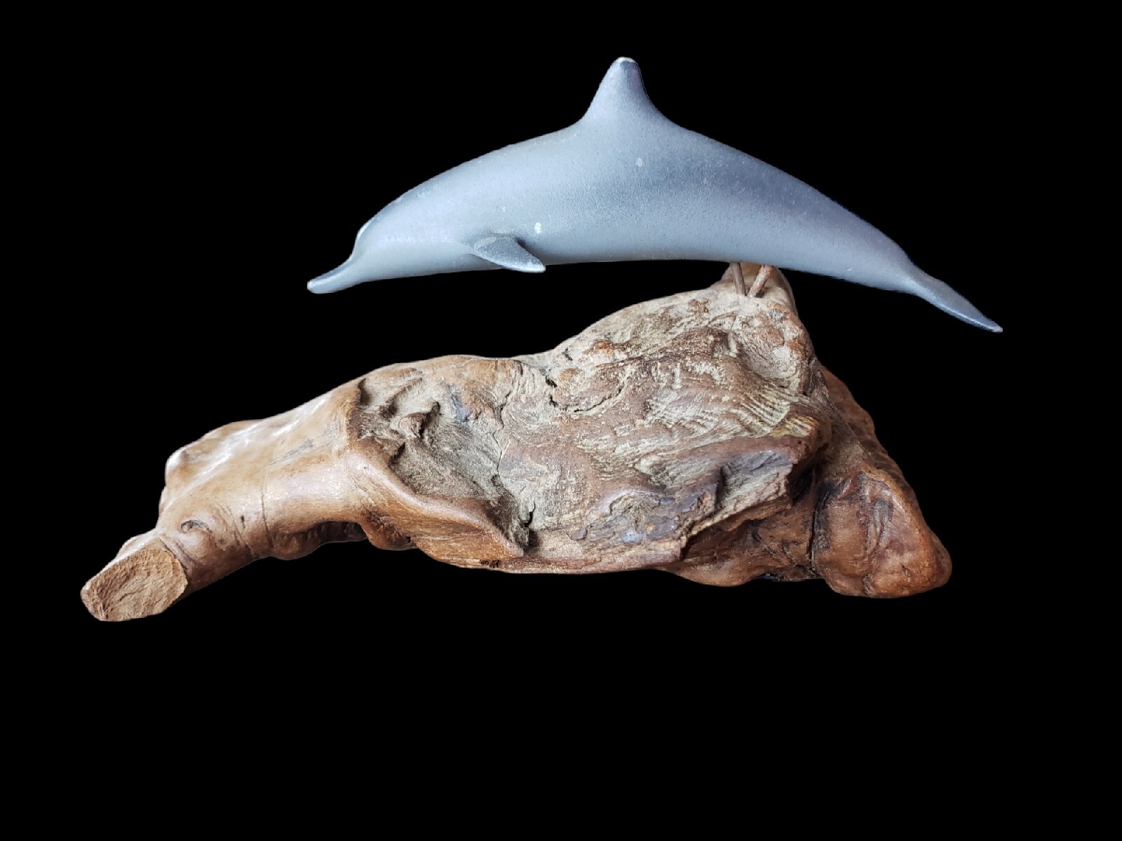 John Perry Figurine Gray Dolphin on Burl Wood Base Art Piece Sculpture